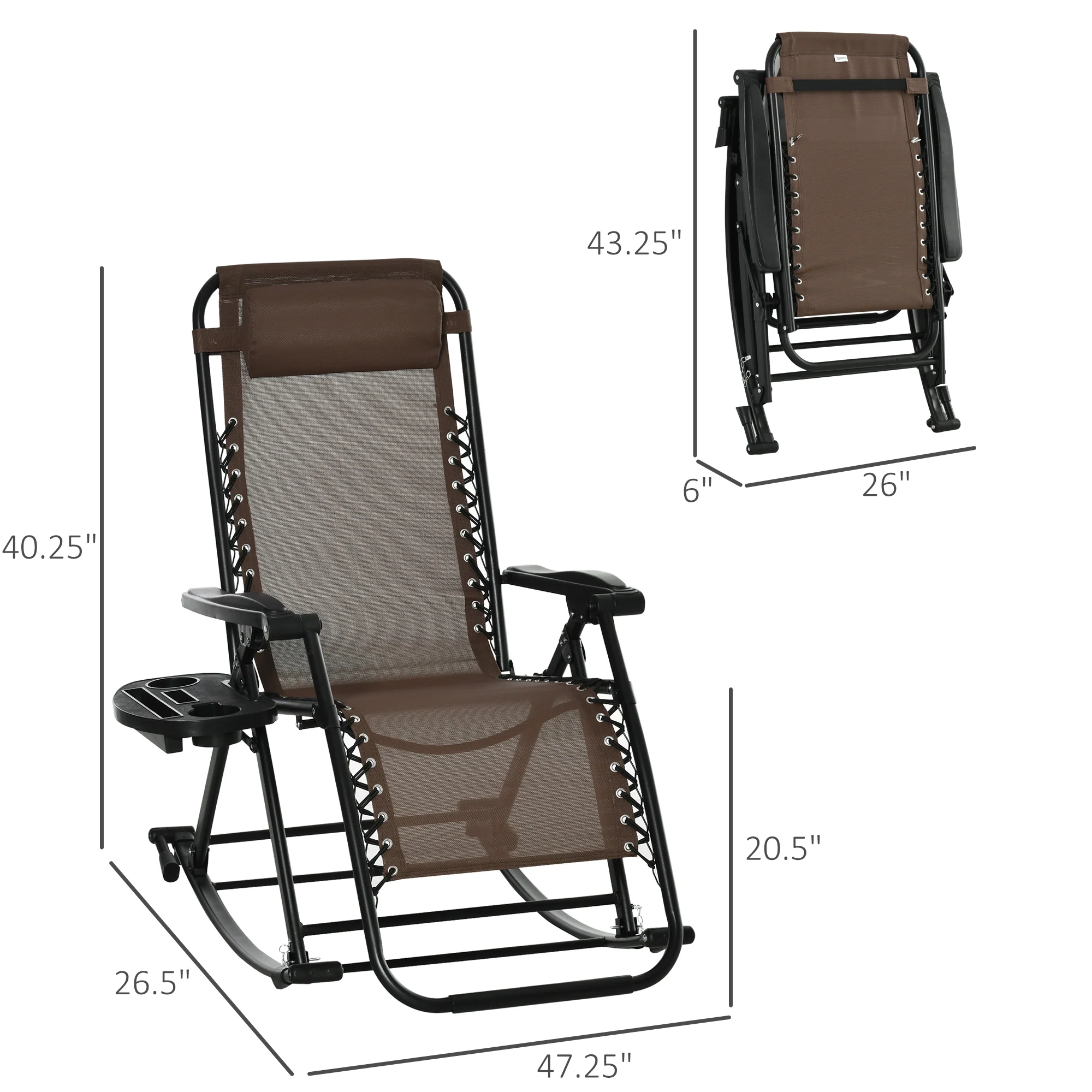 Foldable Reclining Zero Gravity Lounge Rockers w/ Pillow, Cup Holder, Brown - Image 5
