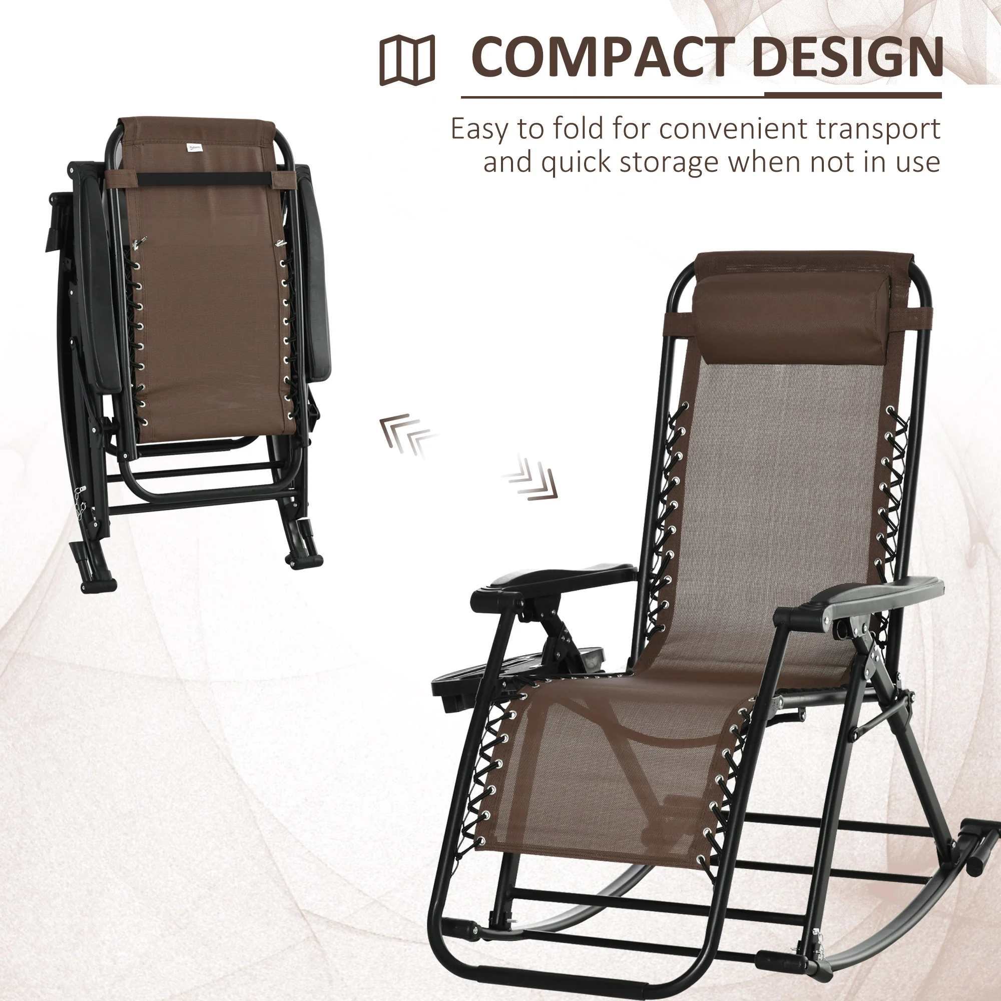 Foldable Reclining Zero Gravity Lounge Rockers w/ Pillow, Cup Holder, Brown - Image 6