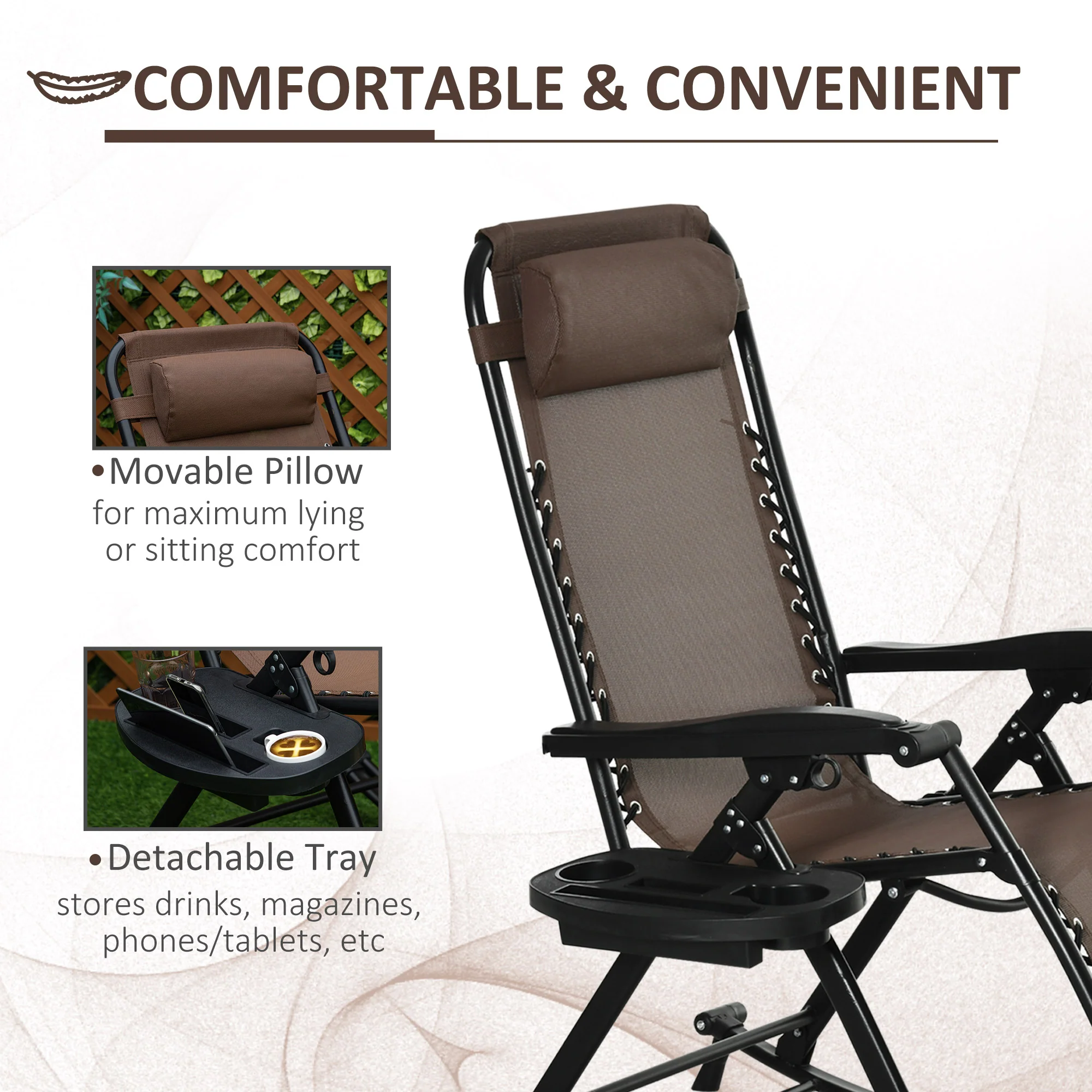 Foldable Reclining Zero Gravity Lounge Rockers w/ Pillow, Cup Holder, Brown - Image 7
