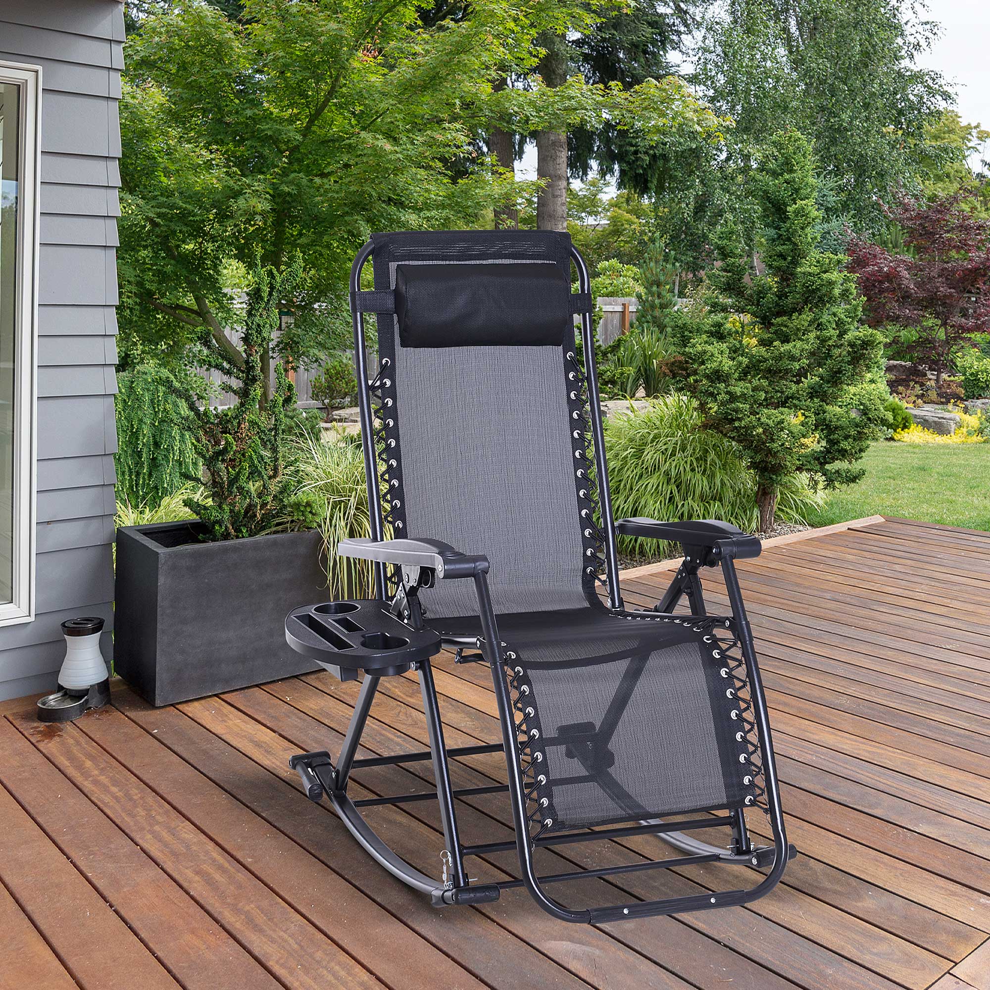 Foldable Reclining Zero Gravity Rocker, Pillow, Cup & Phone Holder, Black - Image 3