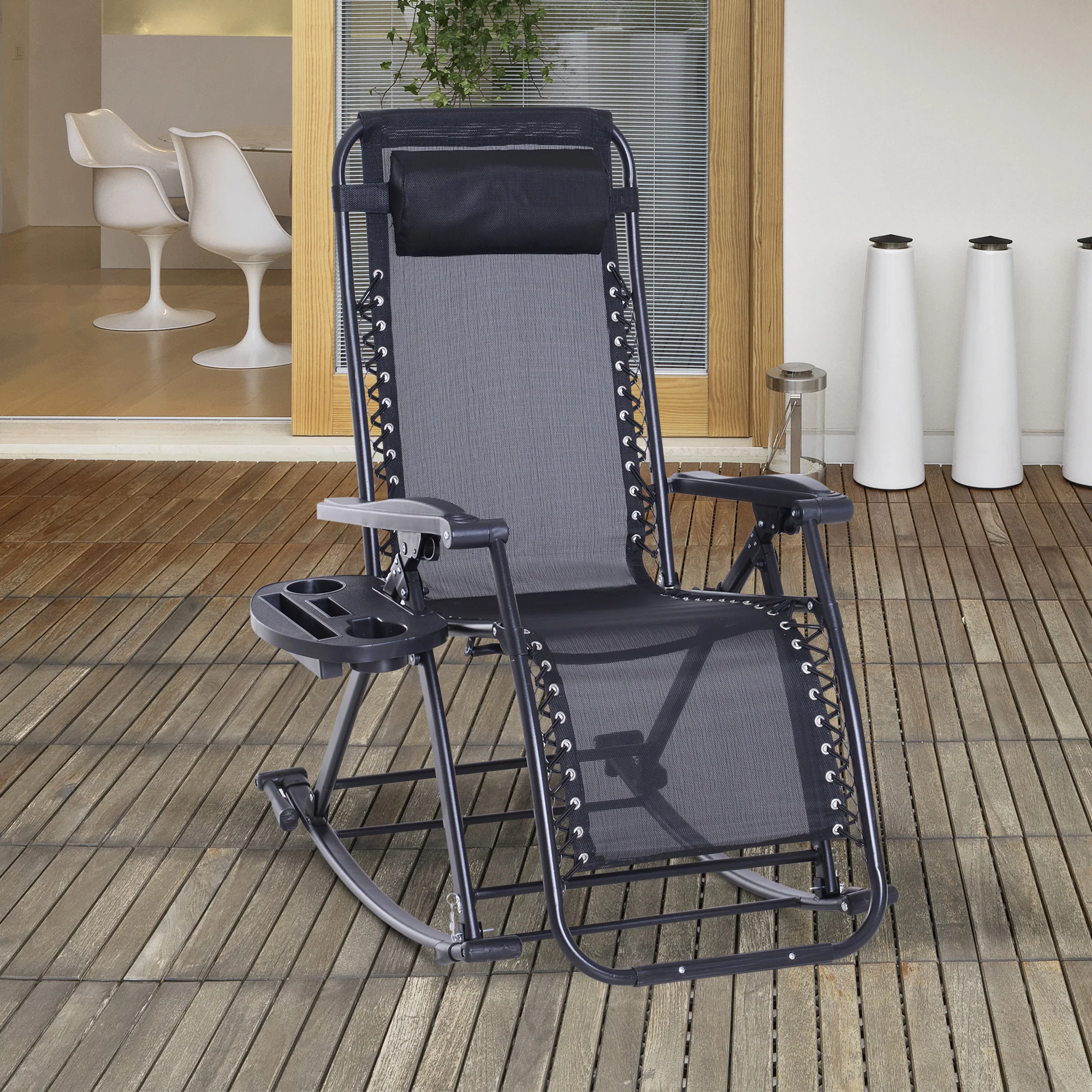 Foldable Reclining Zero Gravity Rocker, Pillow, Cup & Phone Holder, Black - Image 4