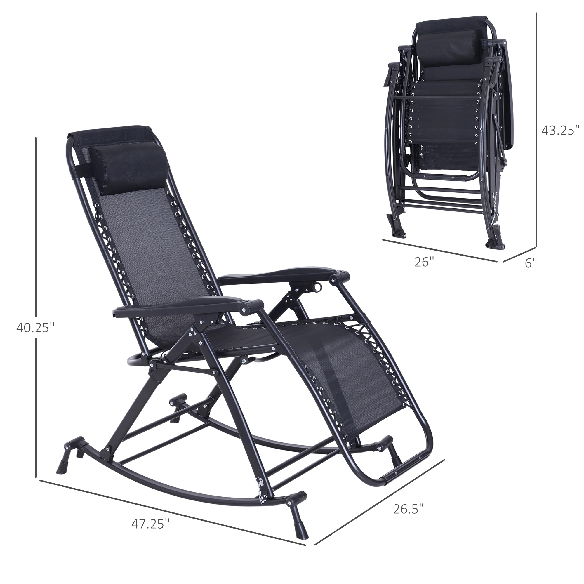 Foldable Reclining Zero Gravity Rocker, Pillow, Cup & Phone Holder, Black - Image 5