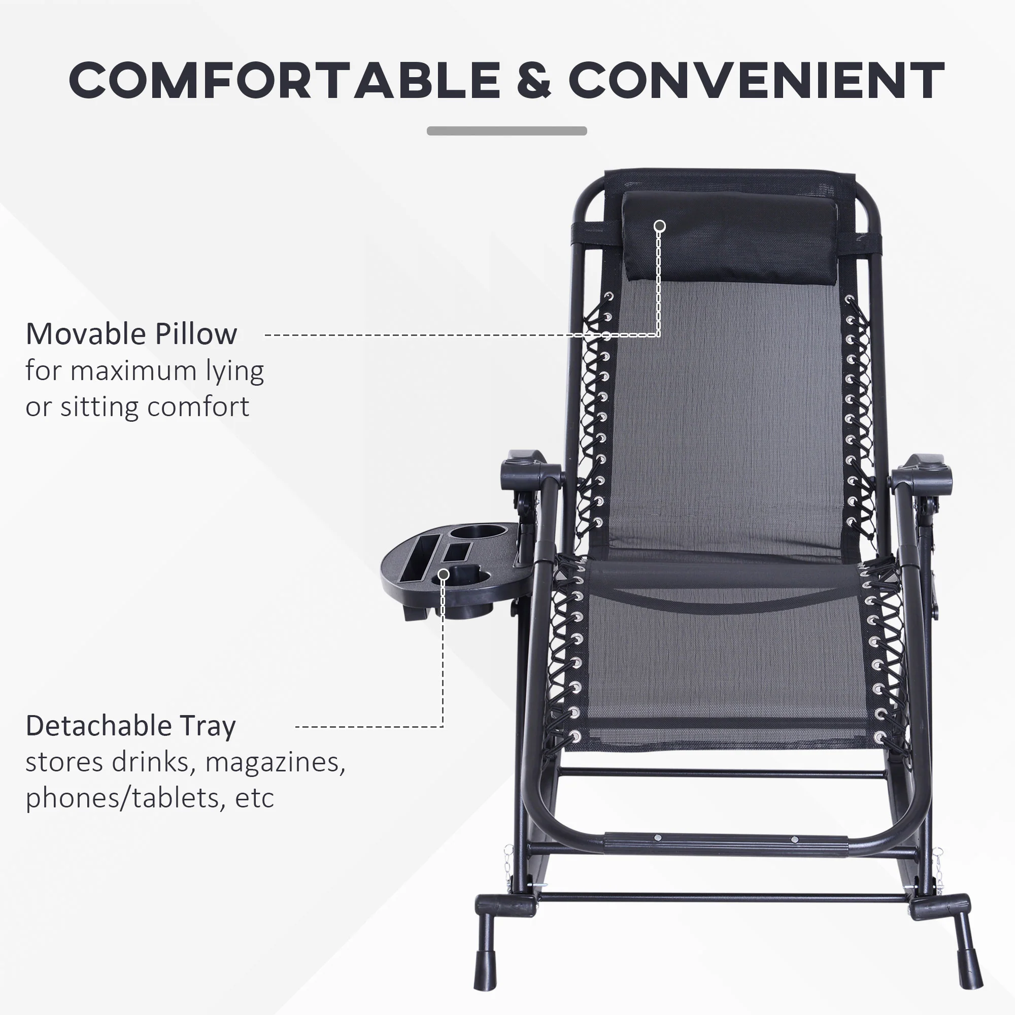 Foldable Reclining Zero Gravity Rocker, Pillow, Cup & Phone Holder, Black - Image 7