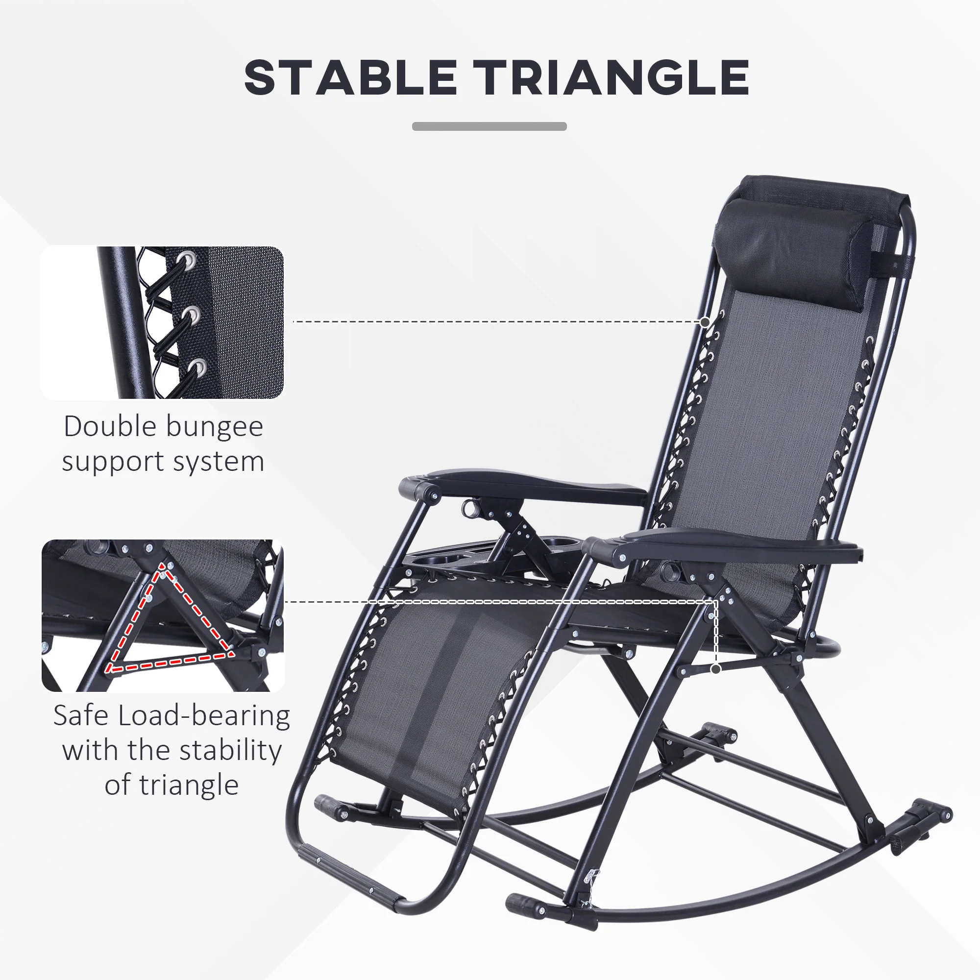 Foldable Reclining Zero Gravity Rocker, Pillow, Cup & Phone Holder, Black - Image 8