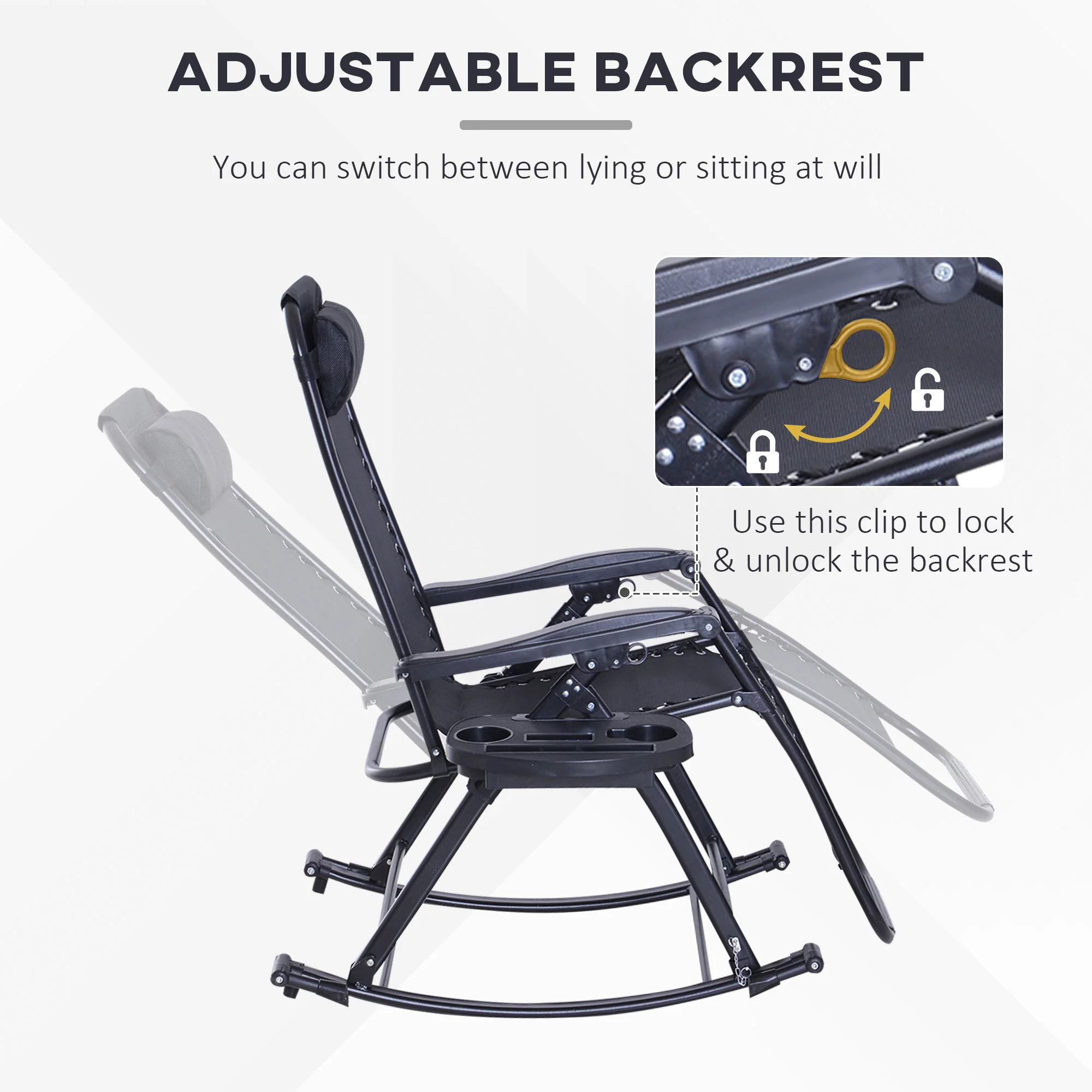 Foldable Reclining Zero Gravity Rocker, Pillow, Cup & Phone Holder, Black - Image 9