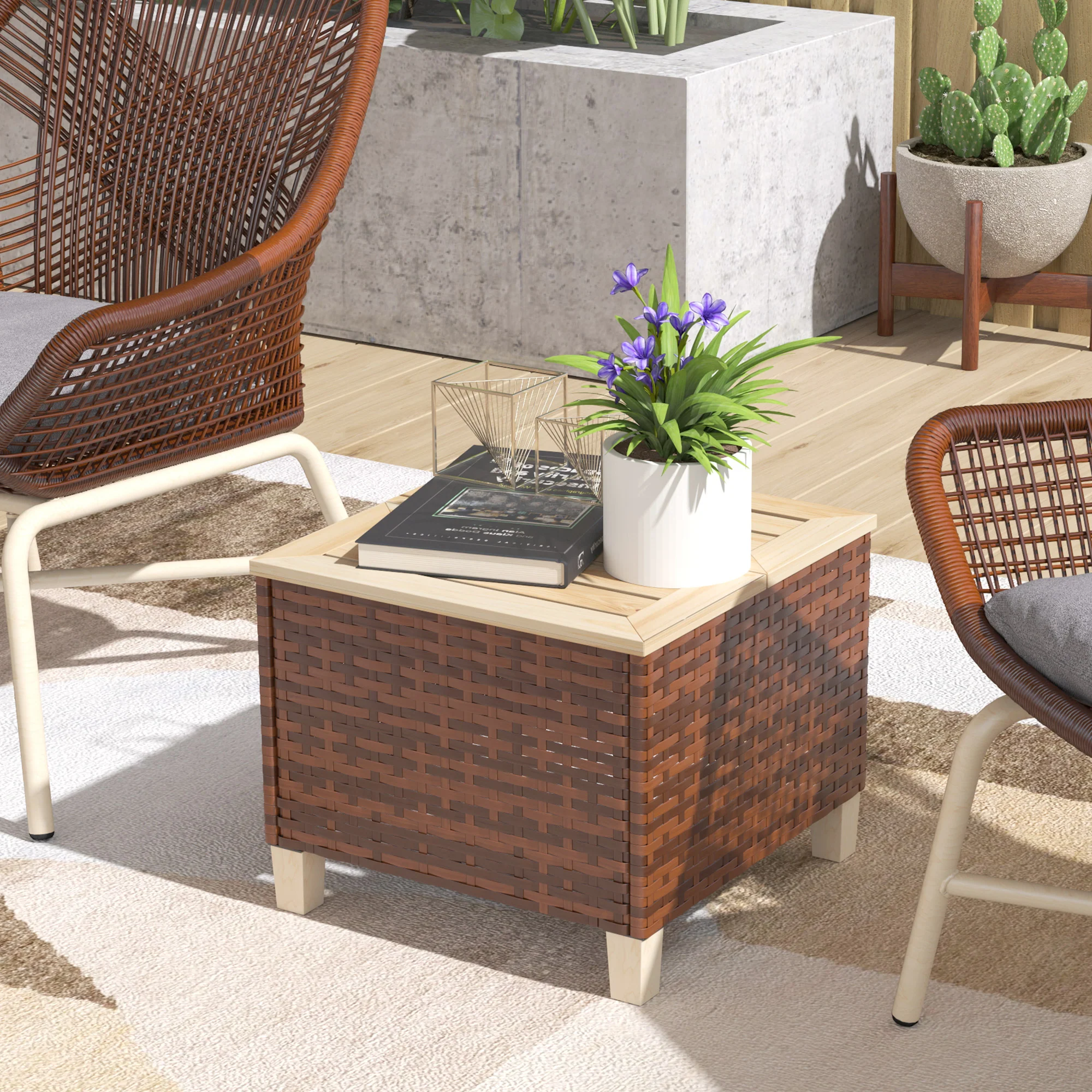 Patio End Table with Wood Tabletop, Accent Table for Garden, 17.7" x 17.7" x 14.6", Brown - Image 3
