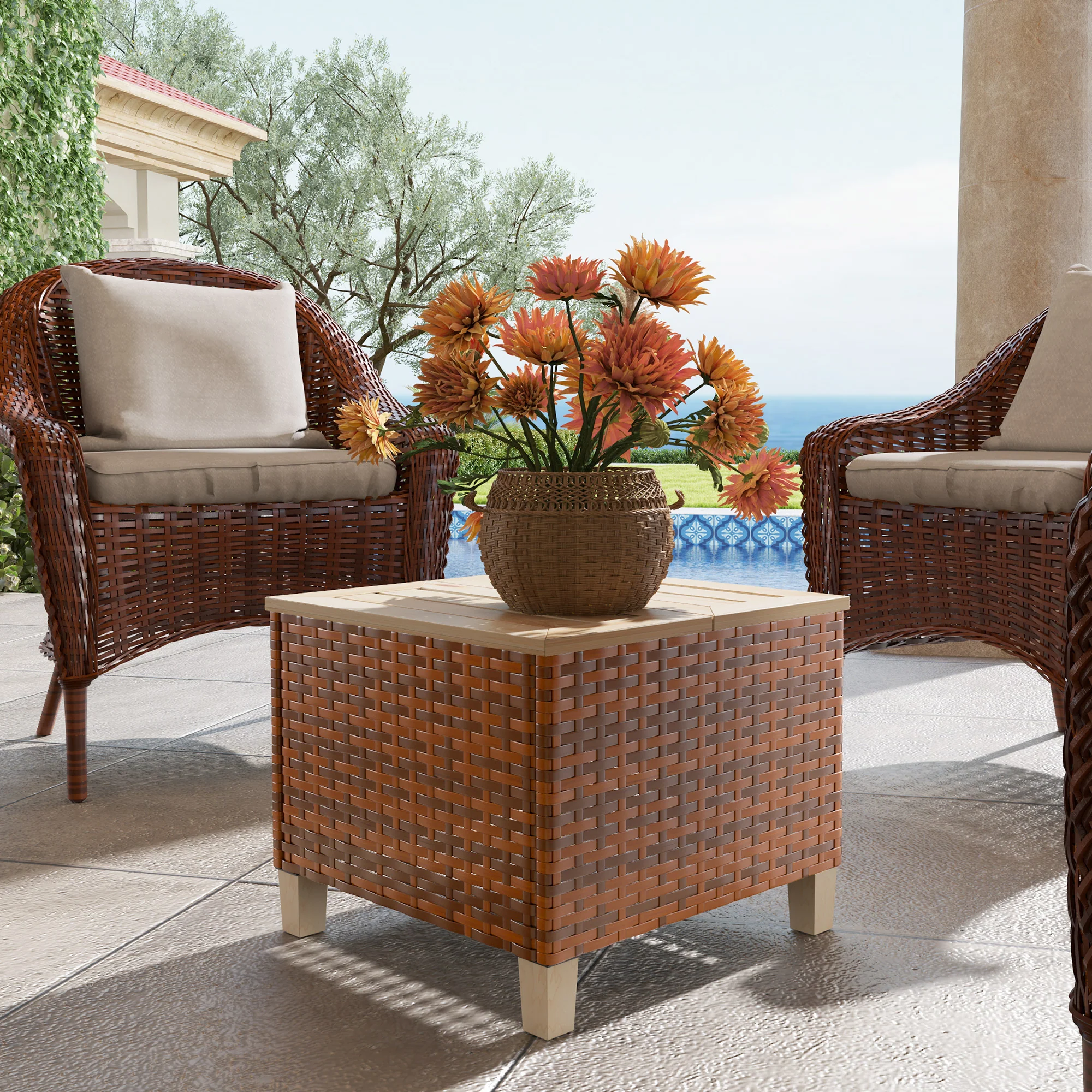 Patio End Table with Wood Tabletop, Accent Table for Garden, 17.7" x 17.7" x 14.6", Brown - Image 4