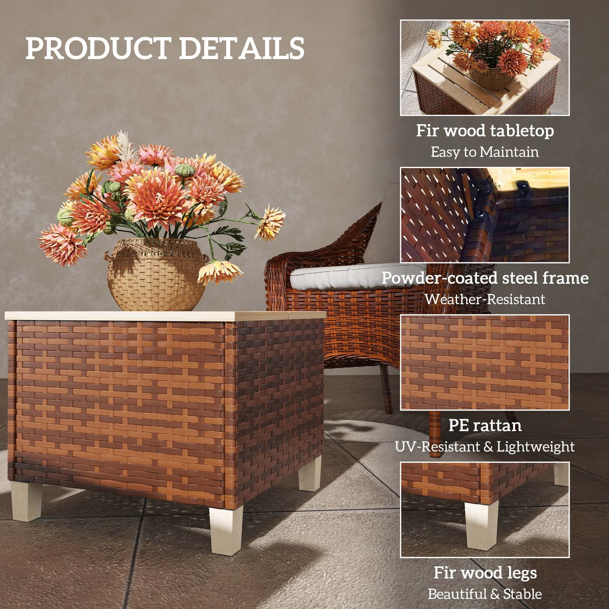 Patio End Table with Wood Tabletop, Accent Table for Garden, 17.7" x 17.7" x 14.6", Brown - Image 7