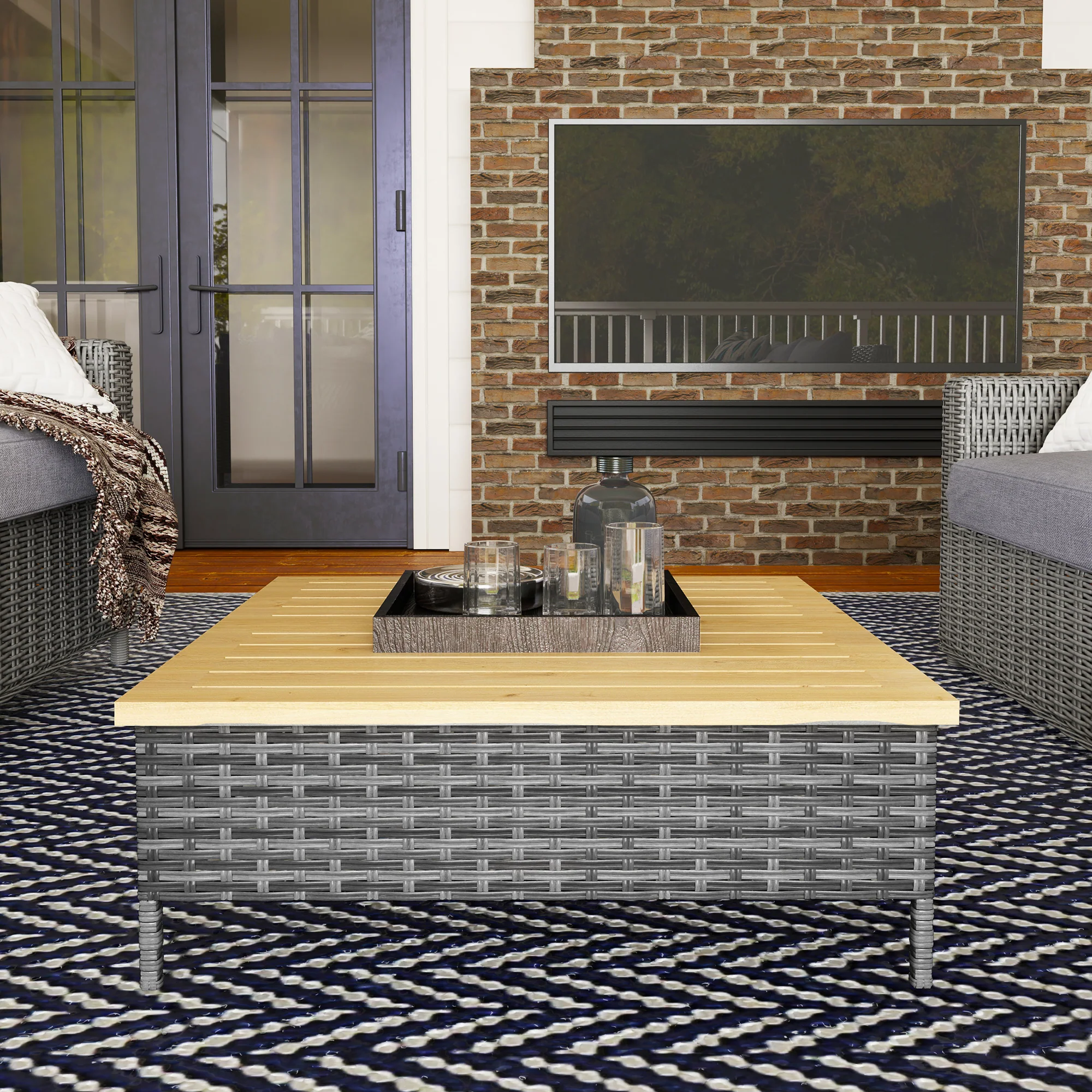Outdoor Wicker Coffee Table with Wood Top, Accent Table for Patio Garden, 27.6" x 27.6" x 9.8", Gray - Image 10