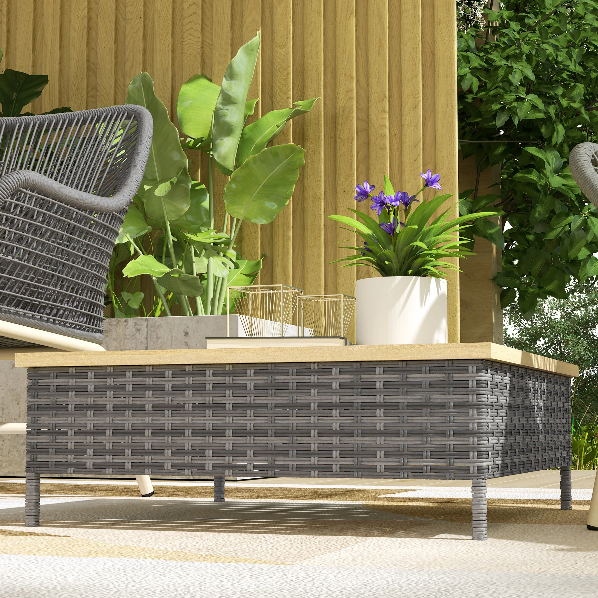 Outdoor Wicker Coffee Table with Wood Top, Accent Table for Patio Garden, 27.6" x 27.6" x 9.8", Gray - Image 11