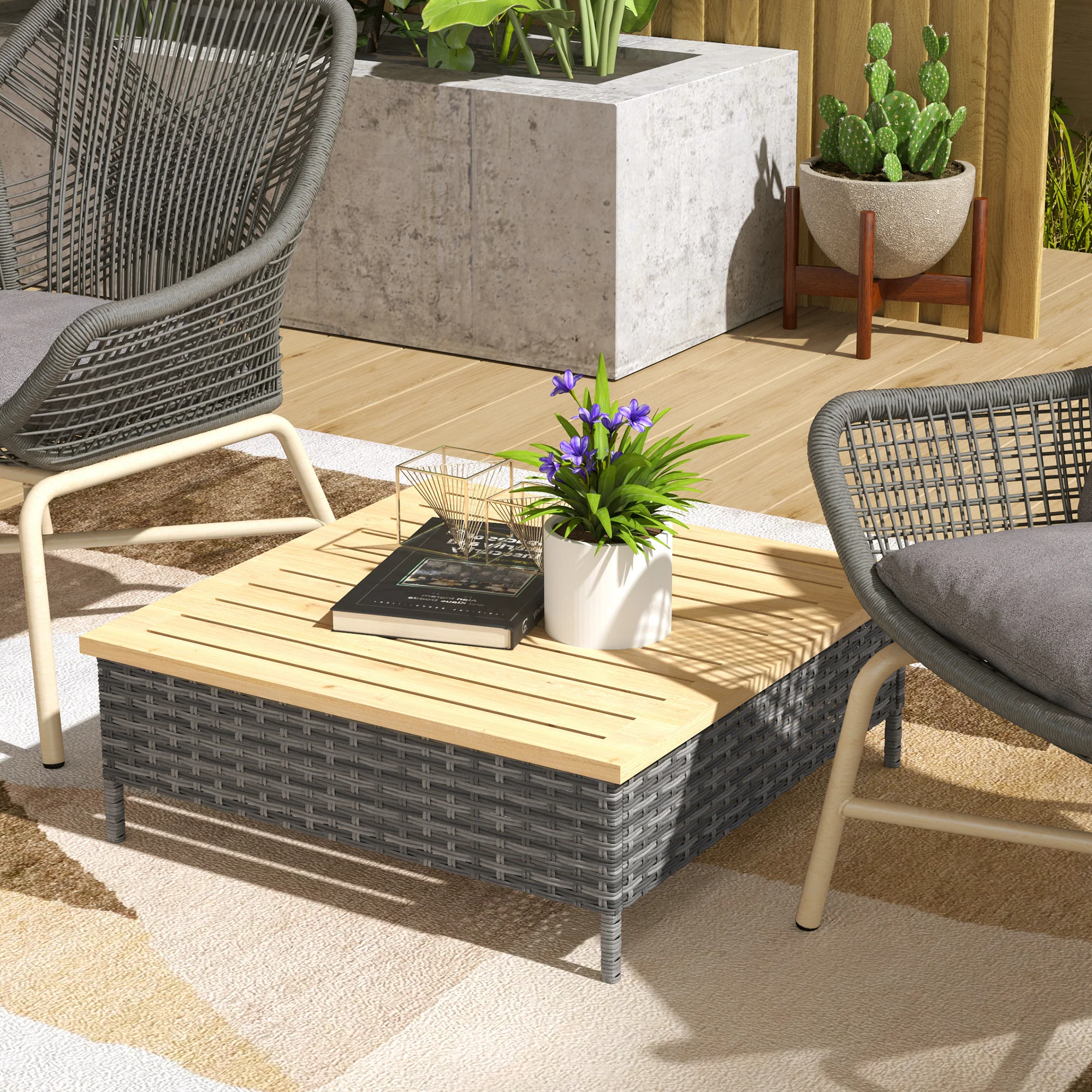 Outdoor Wicker Coffee Table with Wood Top, Accent Table for Patio Garden, 27.6" x 27.6" x 9.8", Gray - Image 3
