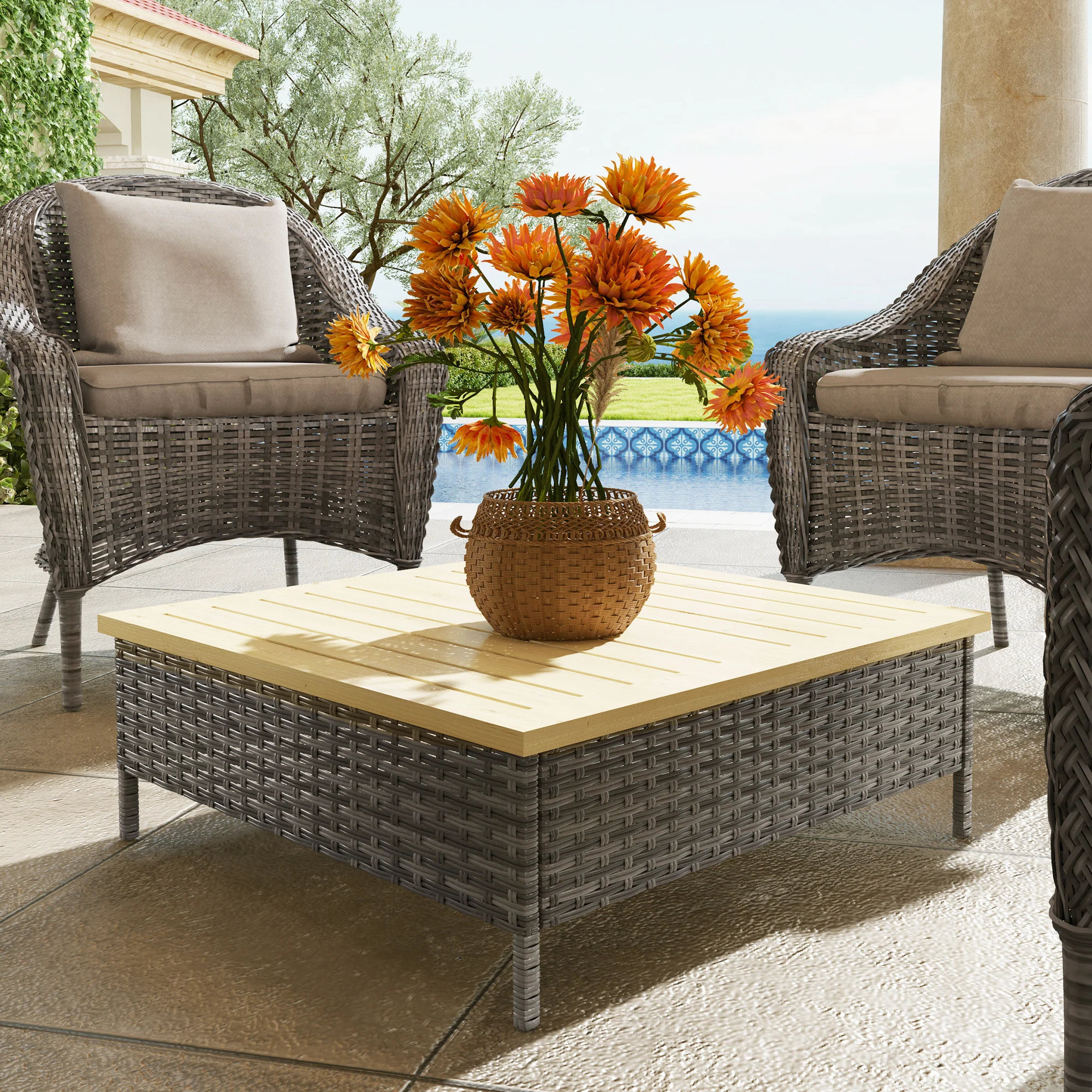 Outdoor Wicker Coffee Table with Wood Top, Accent Table for Patio Garden, 27.6" x 27.6" x 9.8", Gray - Image 4