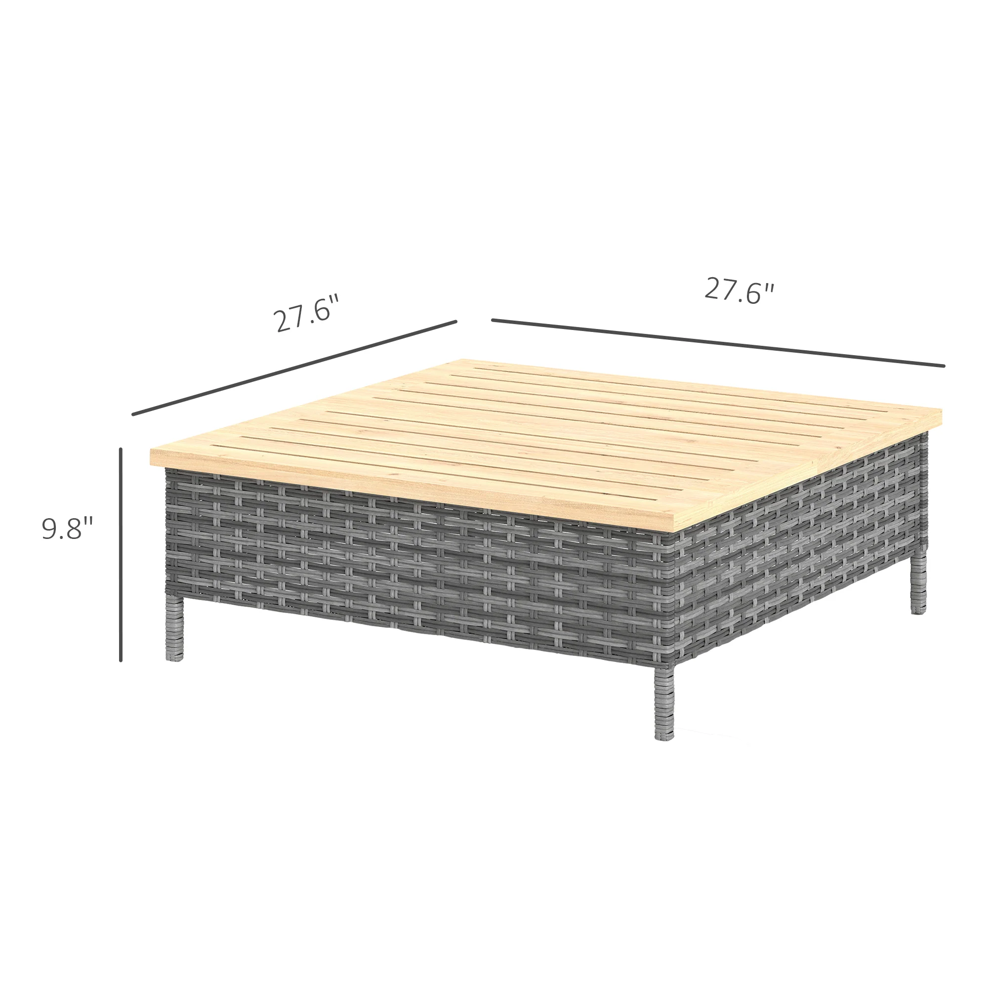 Outdoor Wicker Coffee Table with Wood Top, Accent Table for Patio Garden, 27.6" x 27.6" x 9.8", Gray - Image 5