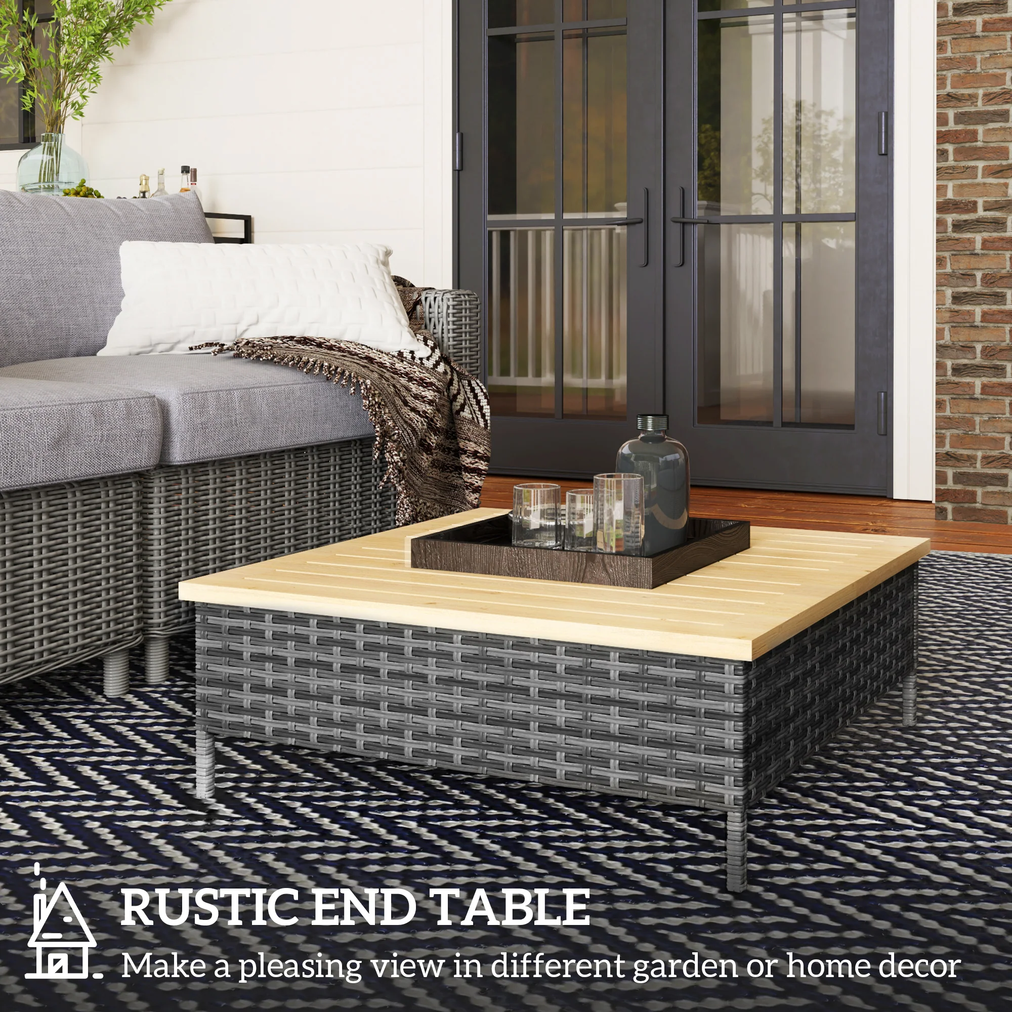 Outdoor Wicker Coffee Table with Wood Top, Accent Table for Patio Garden, 27.6" x 27.6" x 9.8", Gray - Image 6