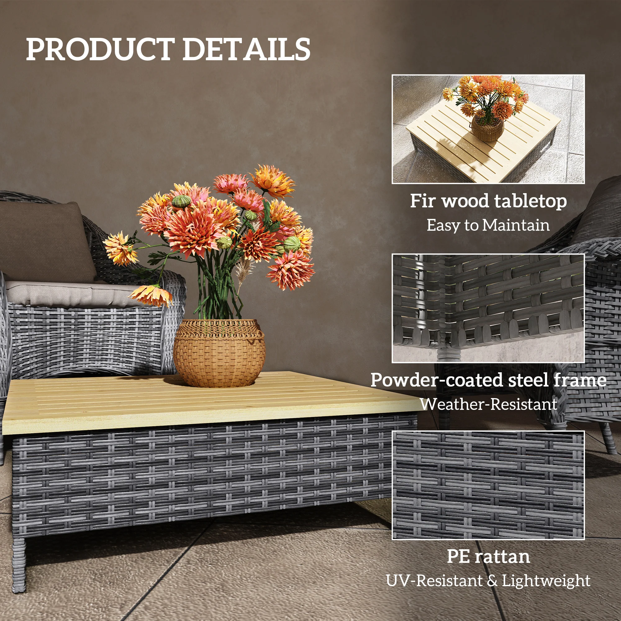 Outdoor Wicker Coffee Table with Wood Top, Accent Table for Patio Garden, 27.6" x 27.6" x 9.8", Gray - Image 7