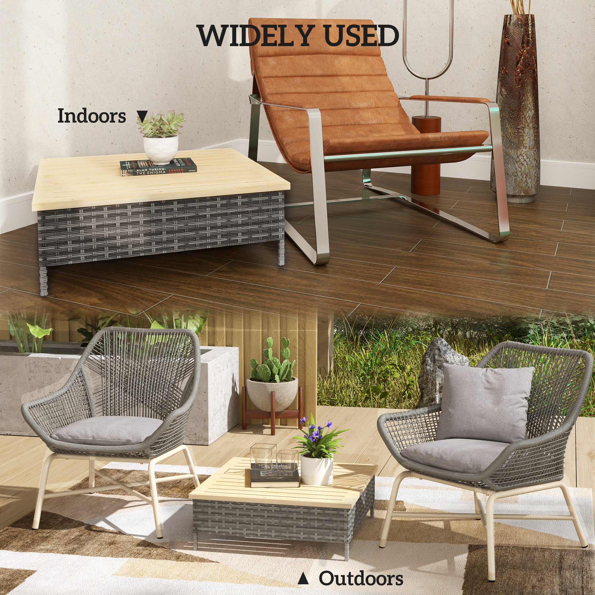 Outdoor Wicker Coffee Table with Wood Top, Accent Table for Patio Garden, 27.6" x 27.6" x 9.8", Gray - Image 8