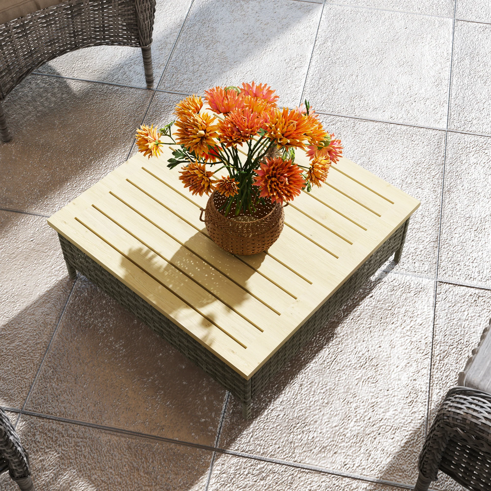 Outdoor Wicker Coffee Table with Wood Top, Accent Table for Patio Garden, 27.6" x 27.6" x 9.8", Gray - Image 9