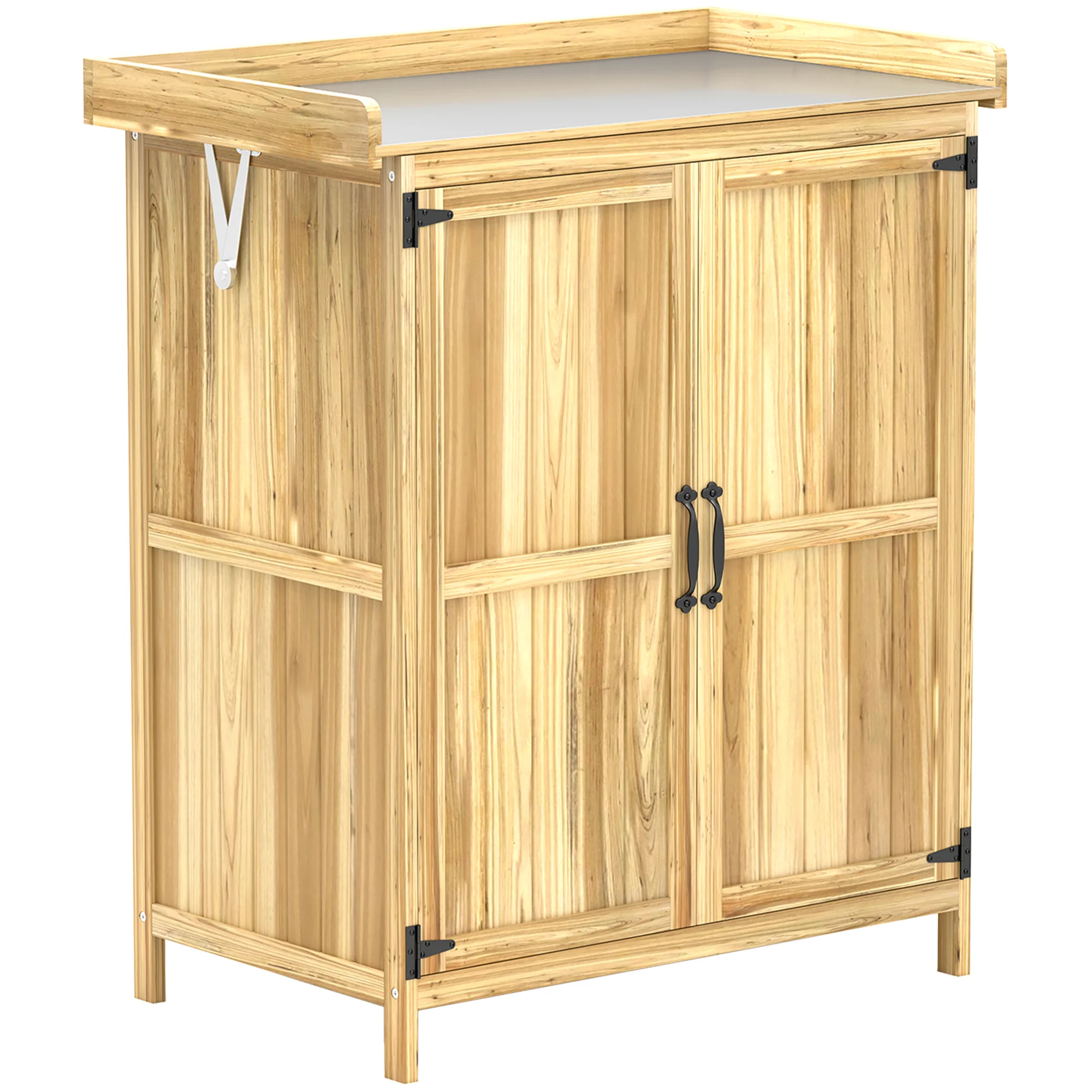 Outdoor Storage Cabinet with Metal Tabletop, Shelf, Garden Potting Table w/2 Doors, Natural Wood - Image 12