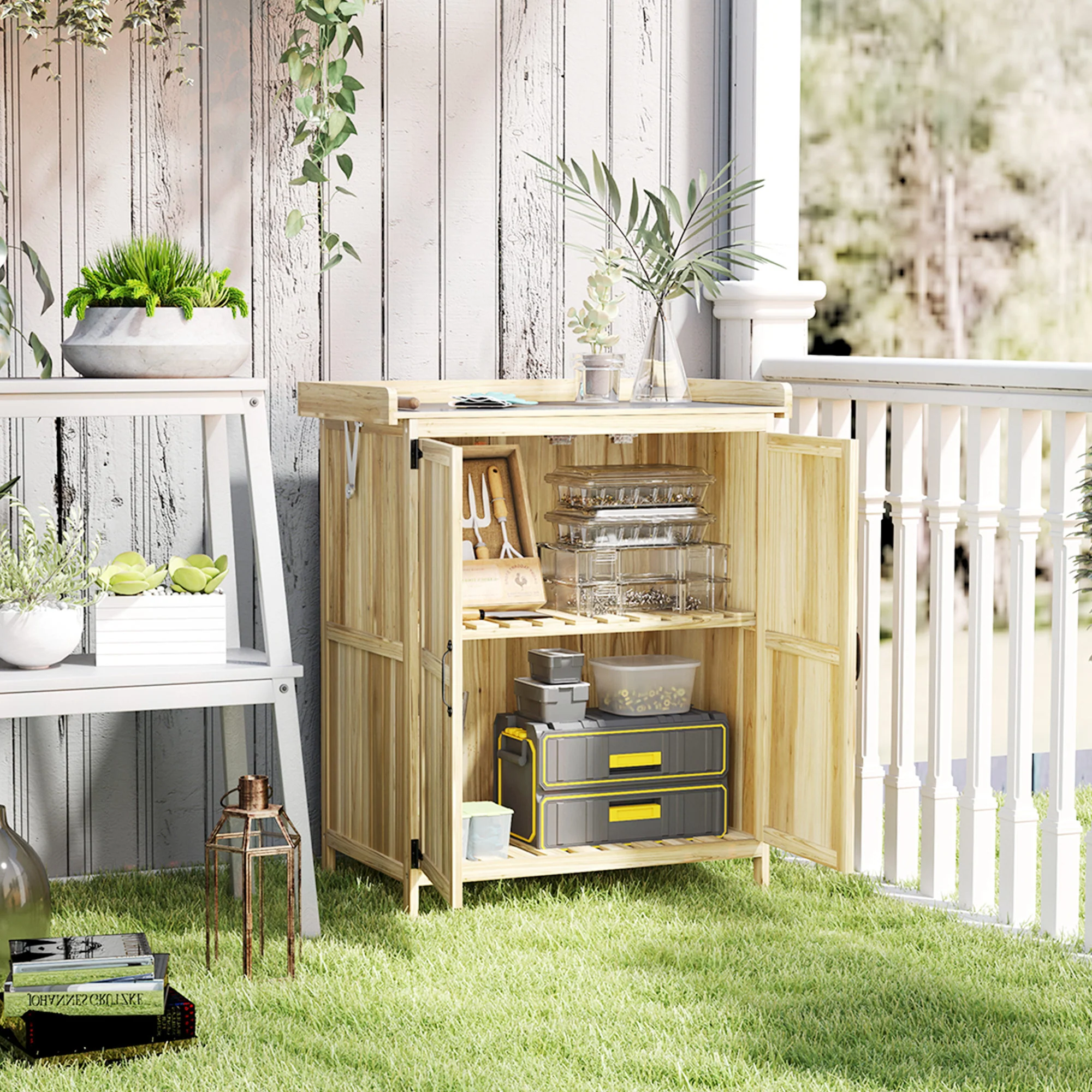 Outdoor Storage Cabinet with Metal Tabletop, Shelf, Garden Potting Table w/2 Doors, Natural Wood - Image 3
