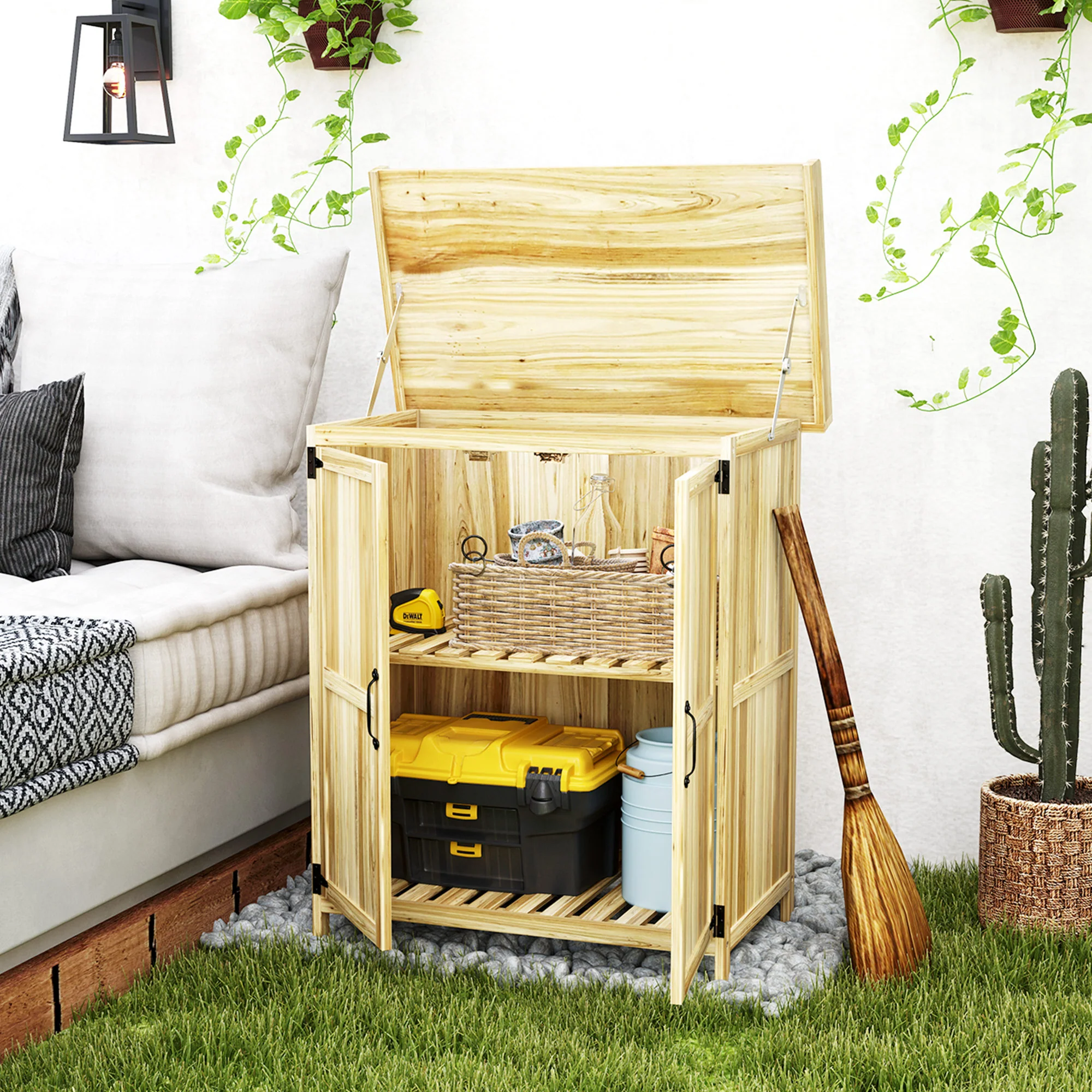 Outdoor Storage Cabinet with Metal Tabletop, Shelf, Garden Potting Table w/2 Doors, Natural Wood - Image 4