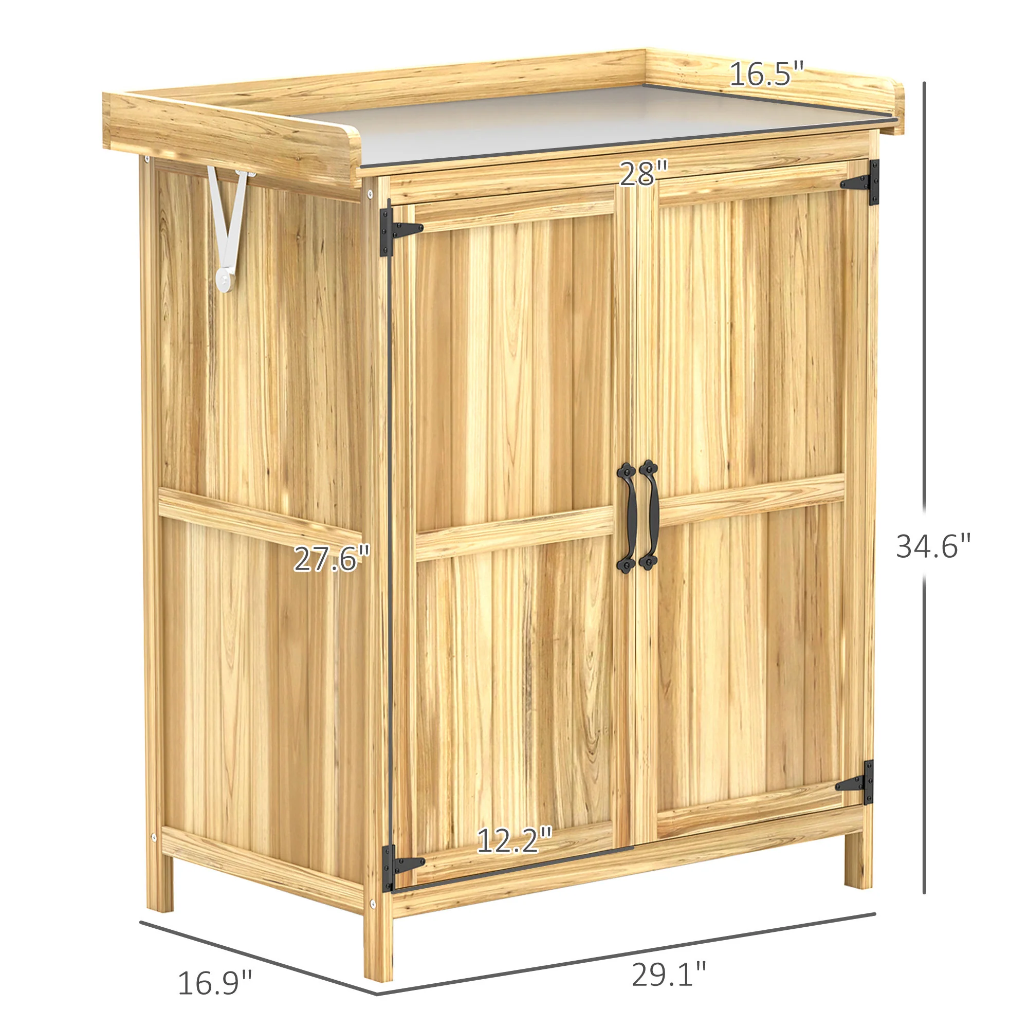 Outdoor Storage Cabinet with Metal Tabletop, Shelf, Garden Potting Table w/2 Doors, Natural Wood - Image 5