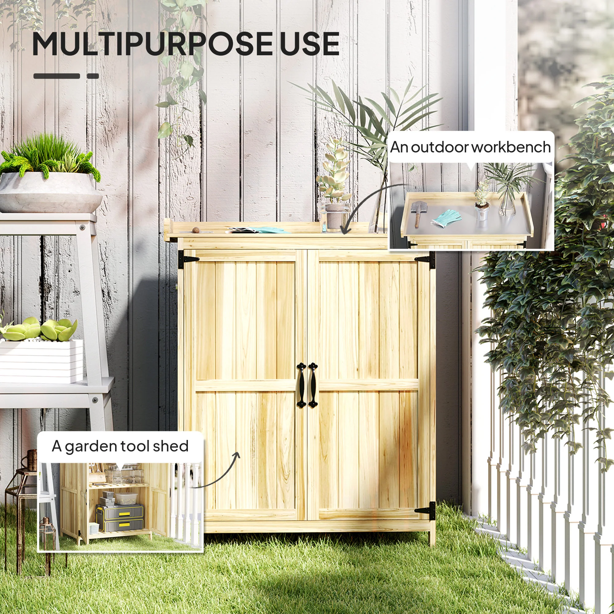 Outdoor Storage Cabinet with Metal Tabletop, Shelf, Garden Potting Table w/2 Doors, Natural Wood - Image 6