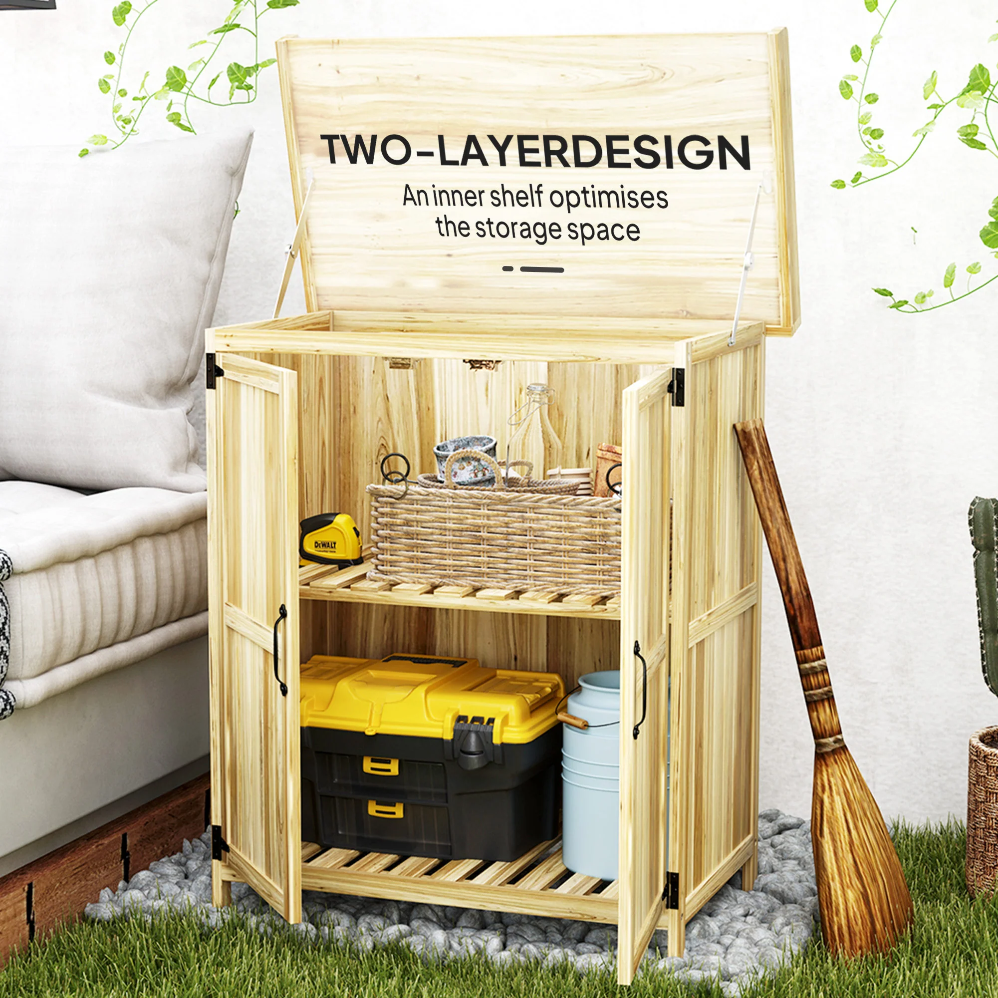 Outdoor Storage Cabinet with Metal Tabletop, Shelf, Garden Potting Table w/2 Doors, Natural Wood - Image 8