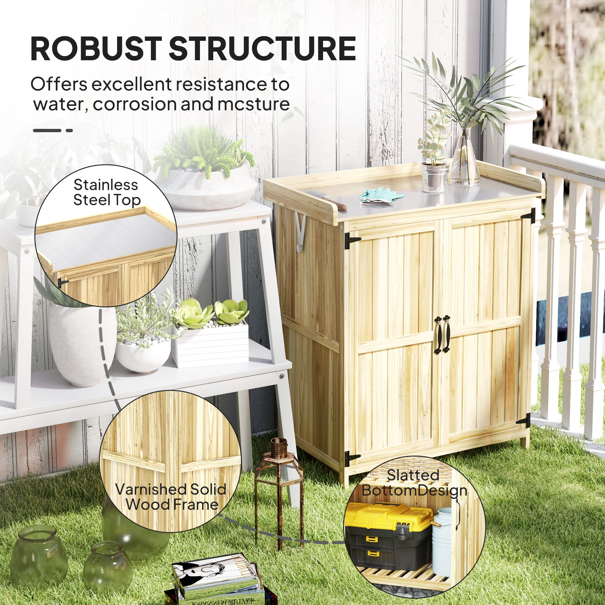 Outdoor Storage Cabinet with Metal Tabletop, Shelf, Garden Potting Table w/2 Doors, Natural Wood - Image 9