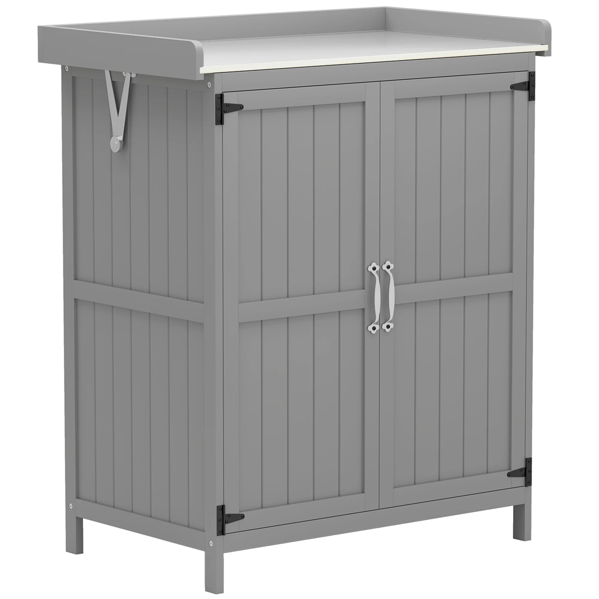 Outdoor Storage Cabinet with Metal Tabletop, Shelf, Garden Potting Table w/2 Doors, Gray - Image 12