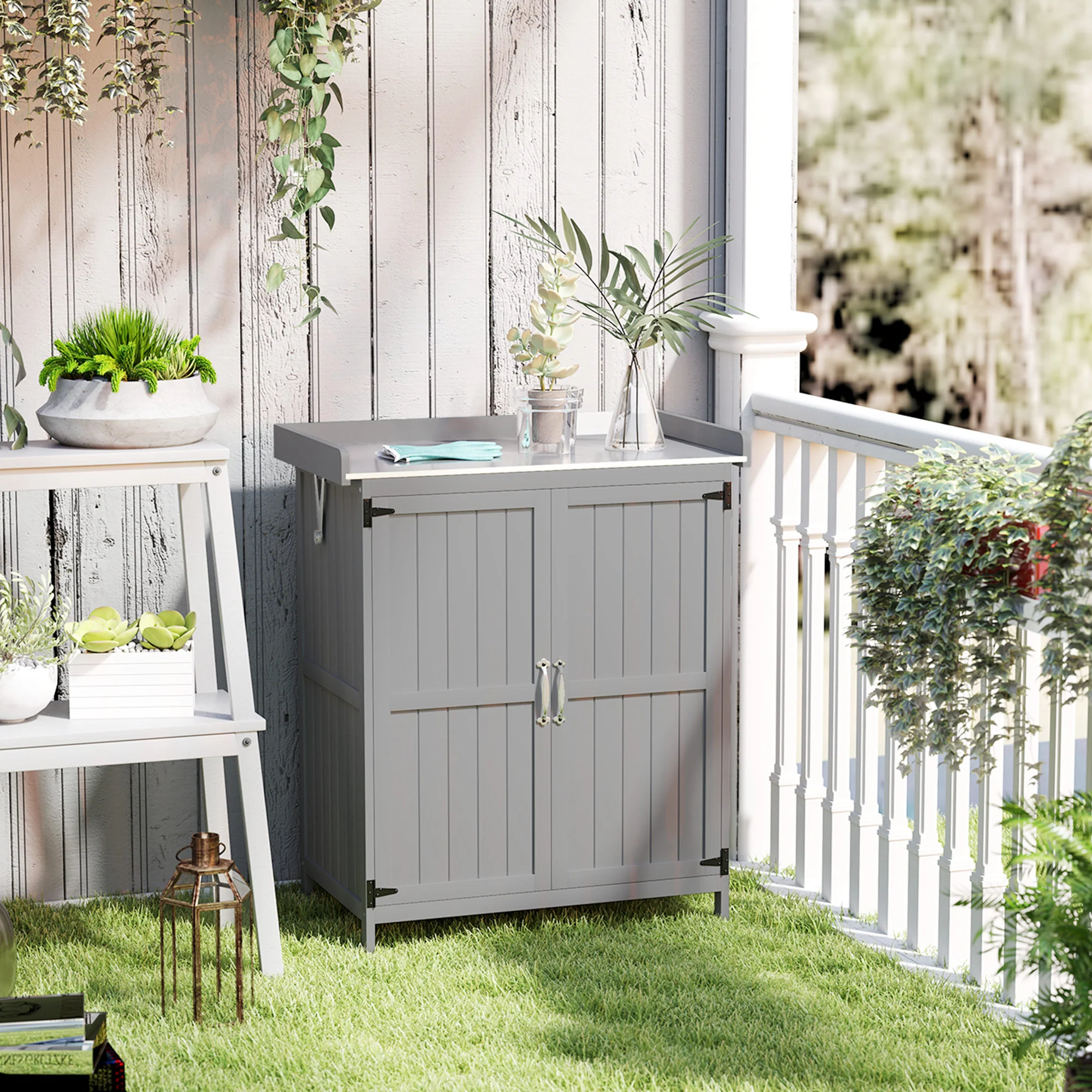 Outdoor Storage Cabinet with Metal Tabletop, Shelf, Garden Potting Table w/2 Doors, Gray - Image 3