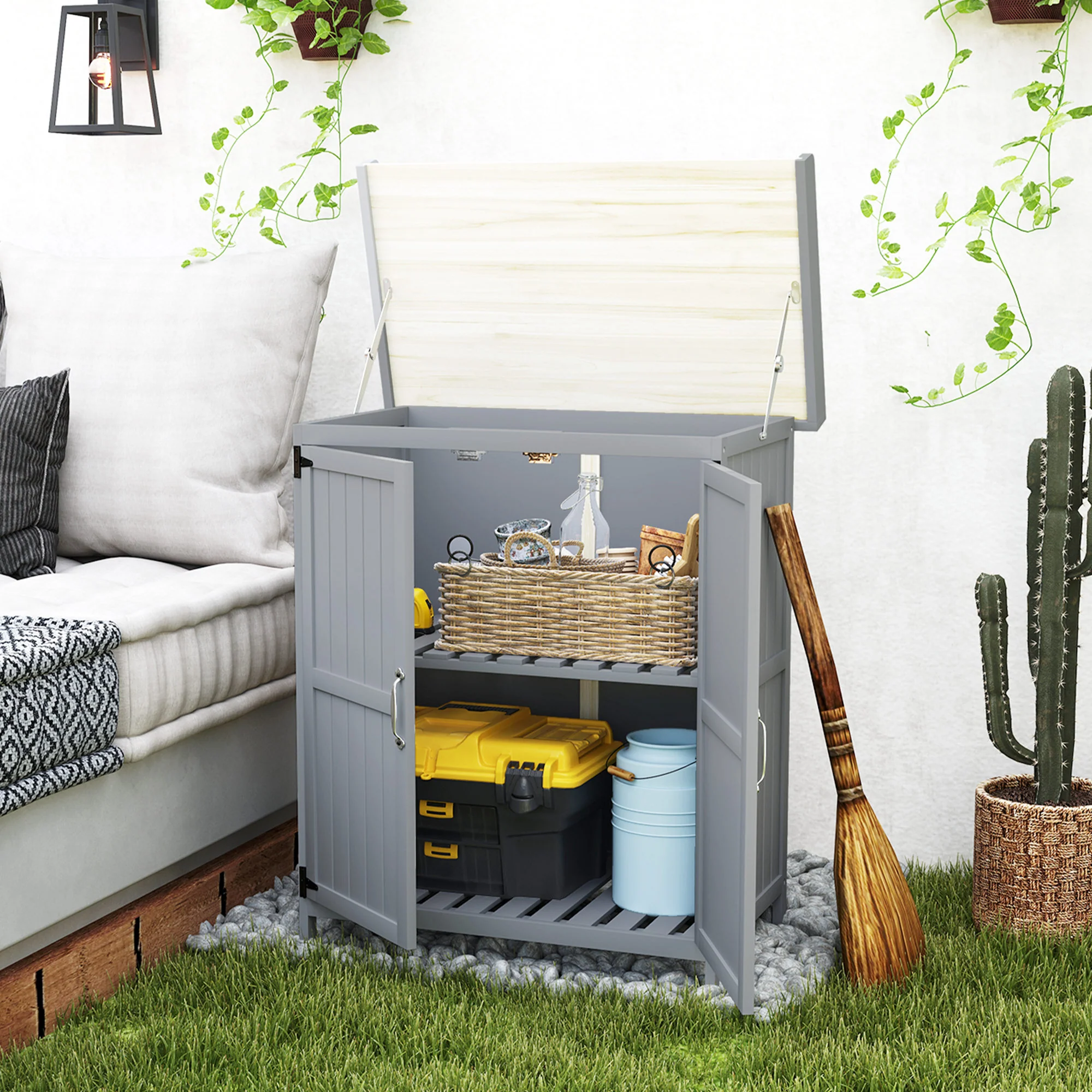 Outdoor Storage Cabinet with Metal Tabletop, Shelf, Garden Potting Table w/2 Doors, Gray - Image 4