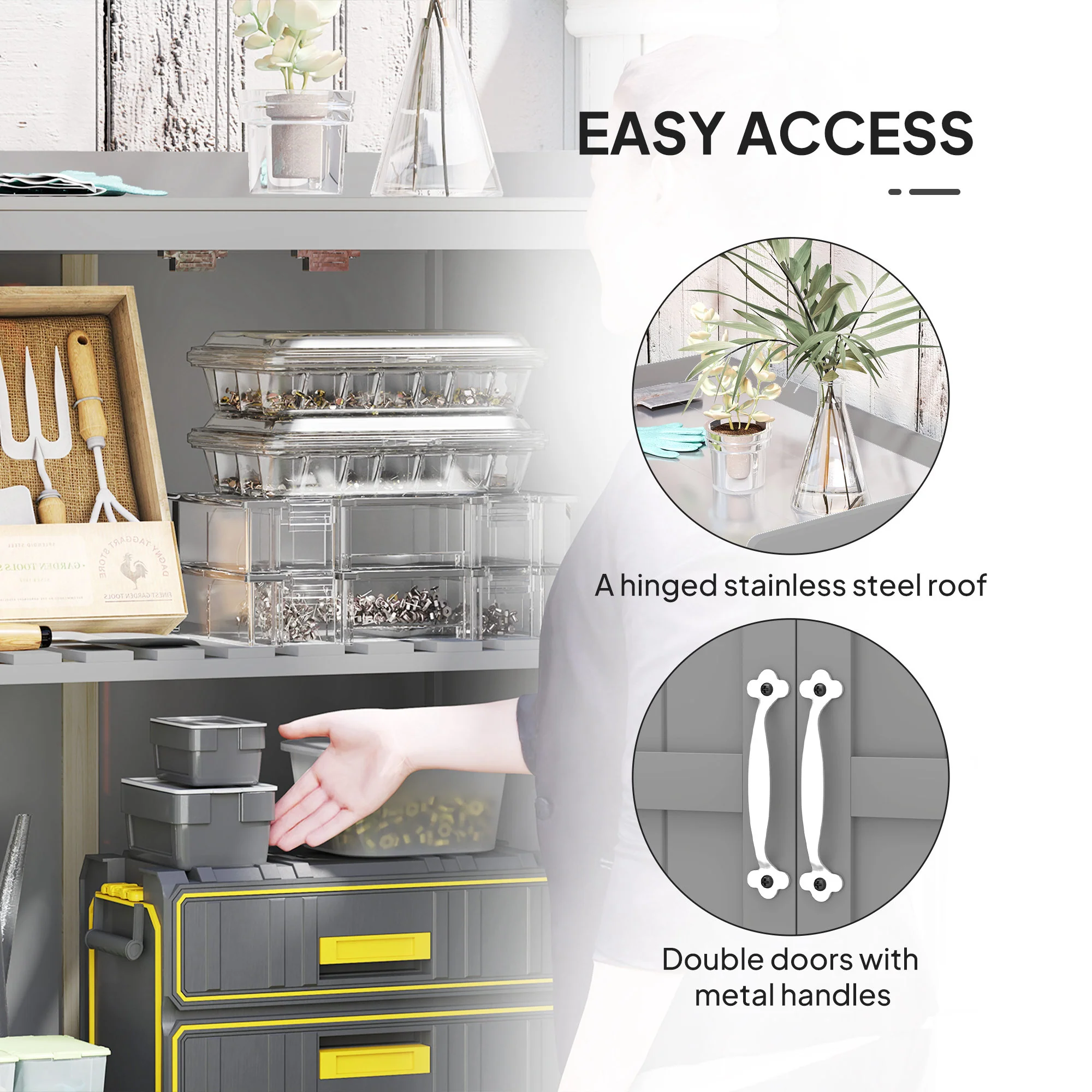 Outdoor Storage Cabinet with Metal Tabletop, Shelf, Garden Potting Table w/2 Doors, Gray - Image 7