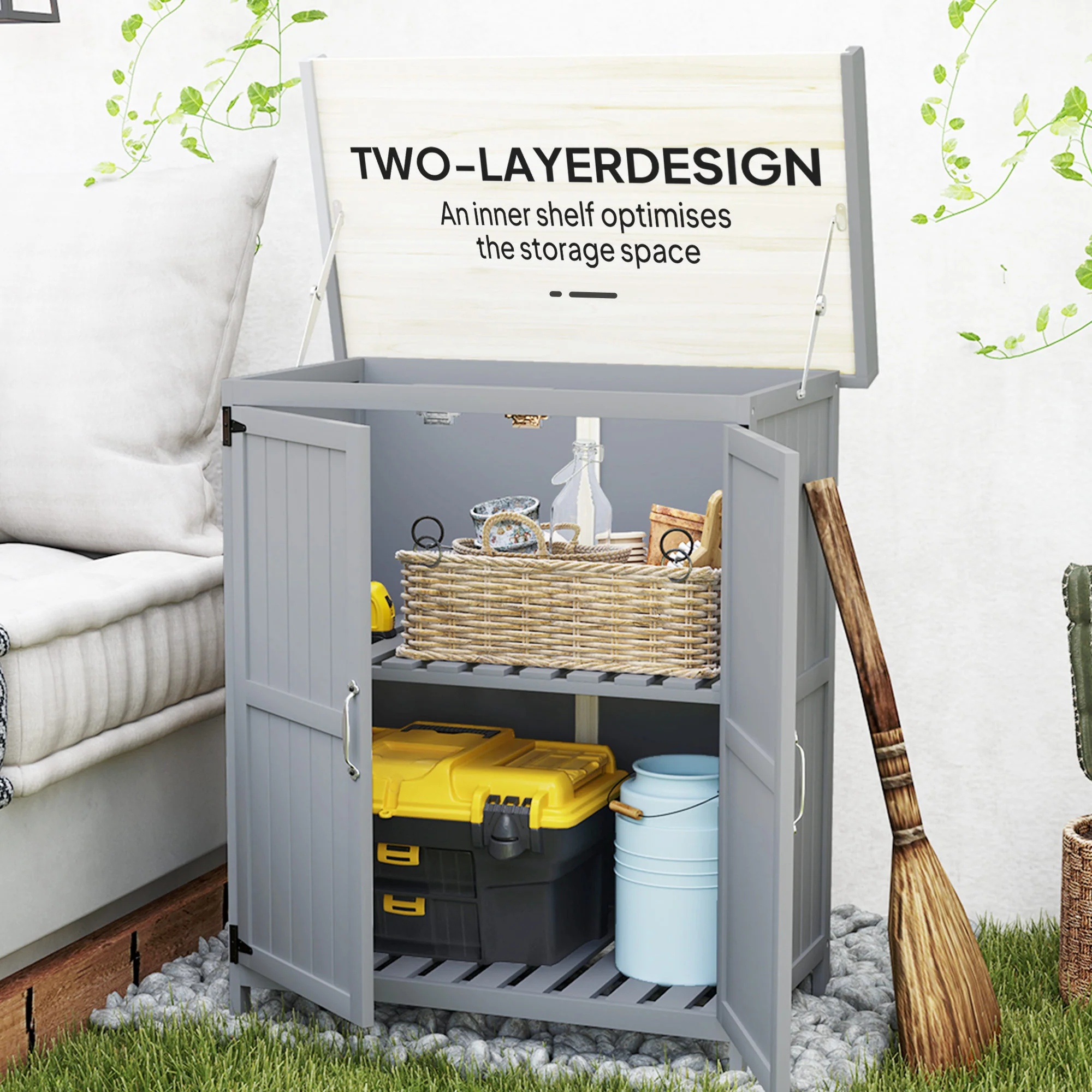 Outdoor Storage Cabinet with Metal Tabletop, Shelf, Garden Potting Table w/2 Doors, Gray - Image 8