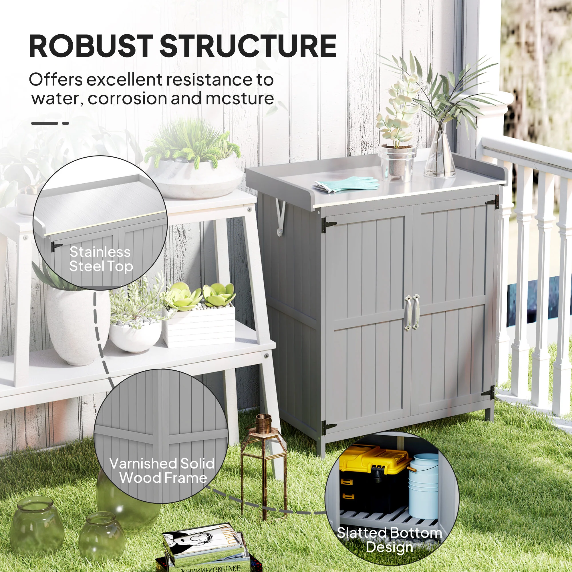Outdoor Storage Cabinet with Metal Tabletop, Shelf, Garden Potting Table w/2 Doors, Gray - Image 9