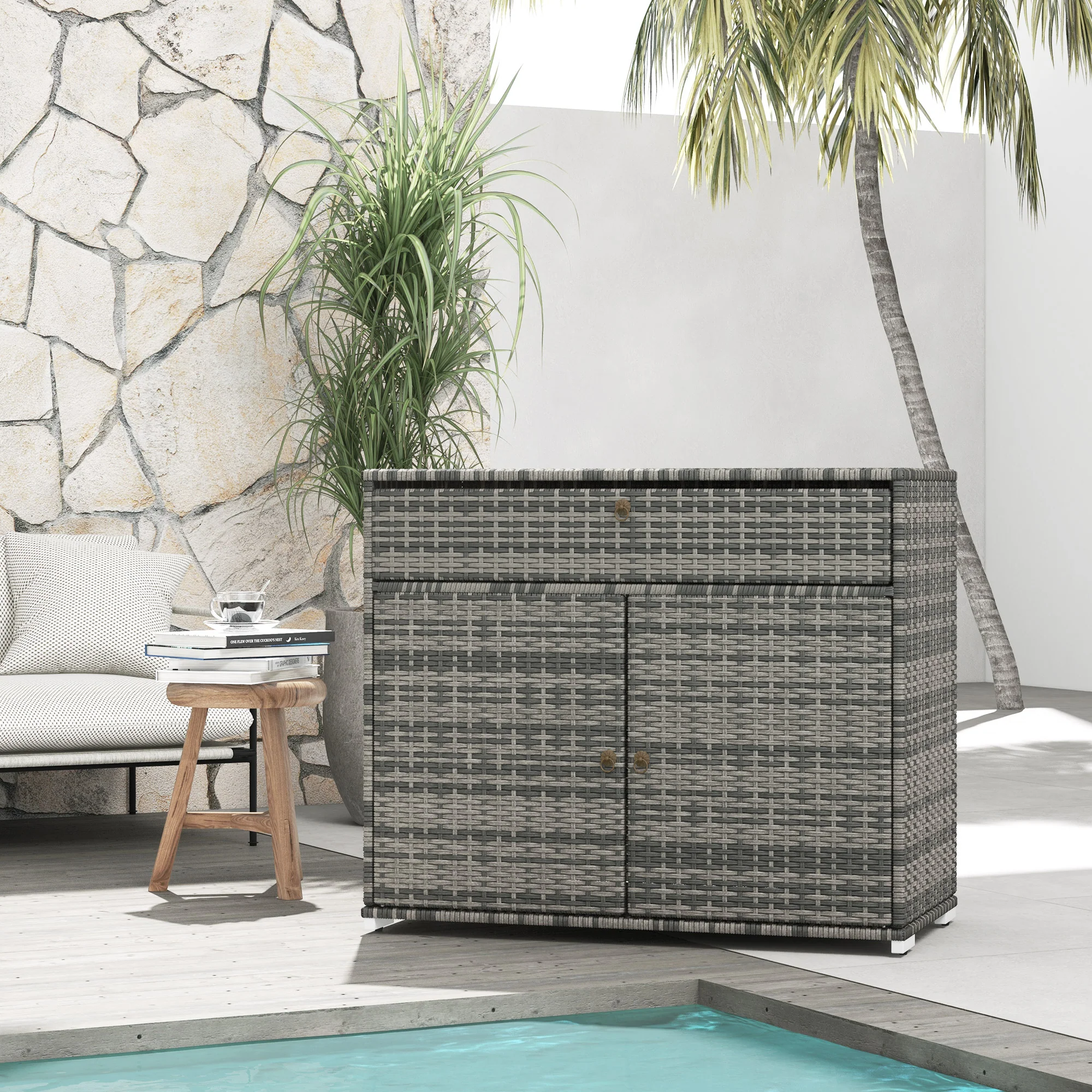 Outdoor Rattan Storage Cabinet with Drawer for Indoor, Outdoor Swimming Pool, Spa, Gray - Image 4