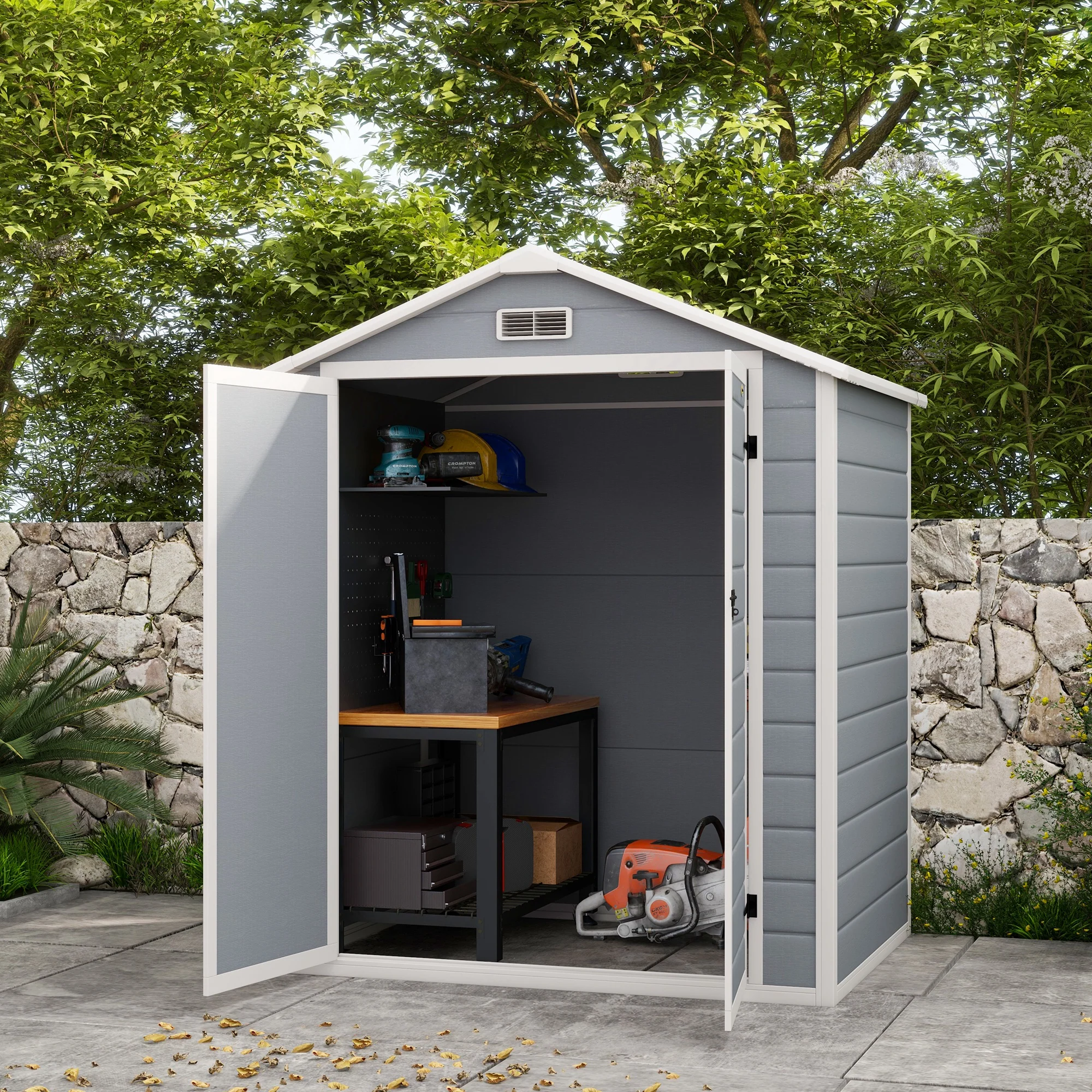 6' x 4.5' Plastic Outdoor Storage Shed with Window, Lockable Doors and Vents, Gray - Image 4
