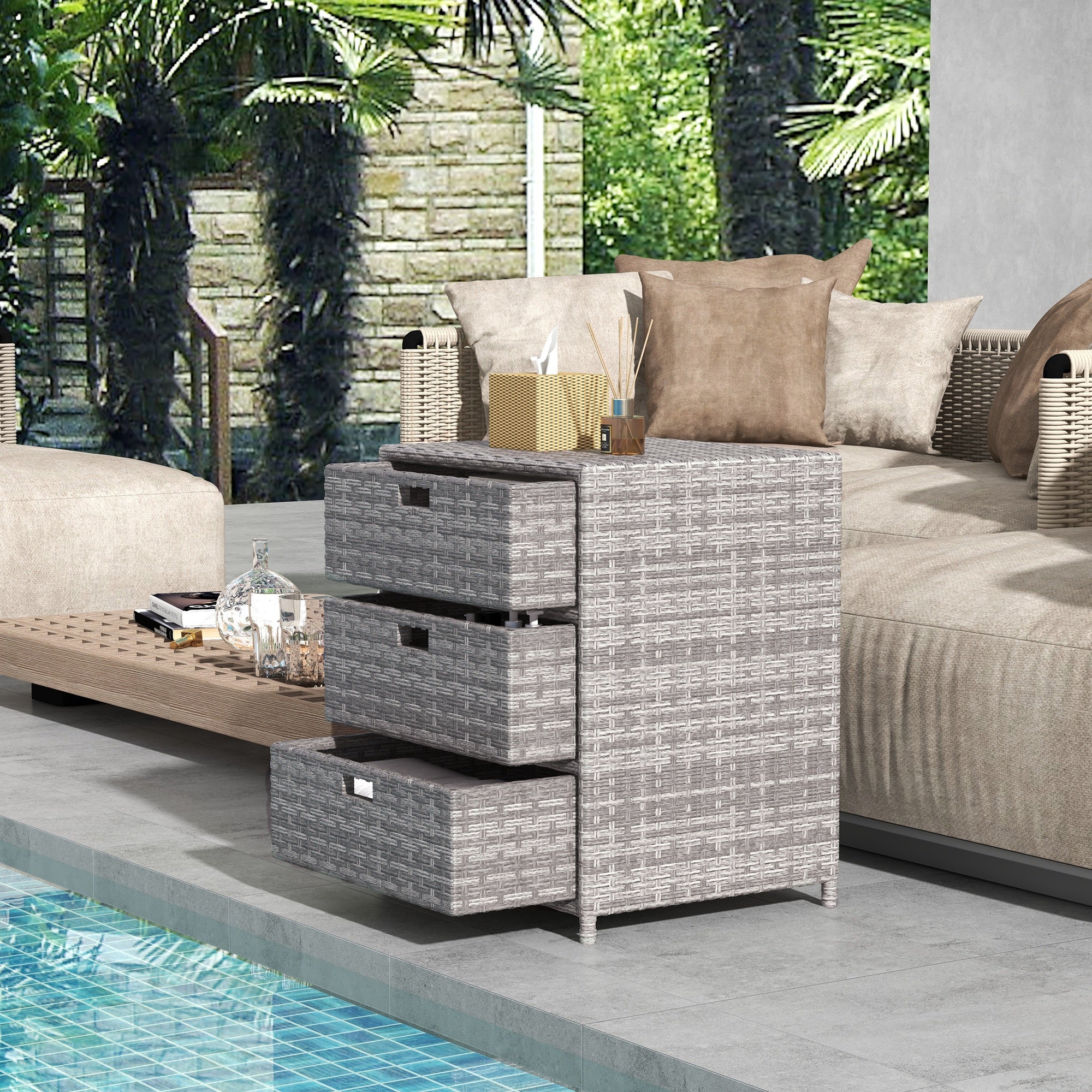 Outdoor Freestanding Outdoor Towel Rack with 3 Drawers and Weather Safe Material, Gray - Image 4