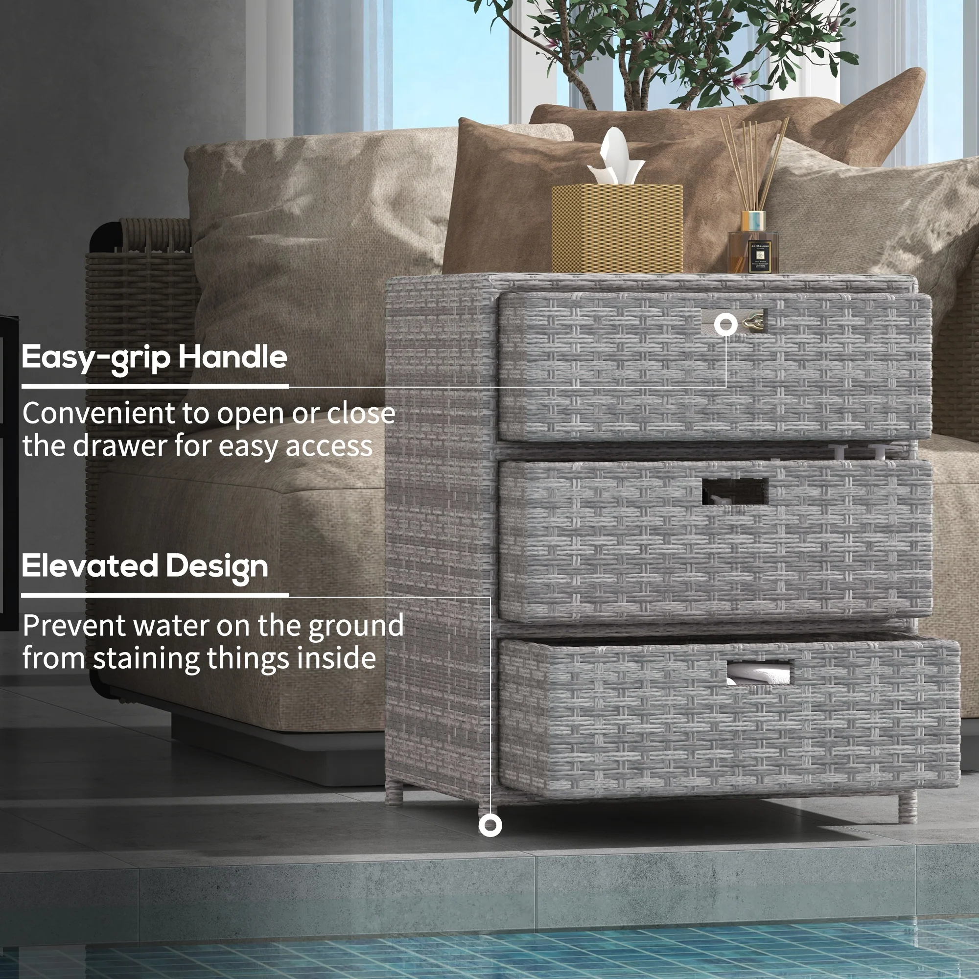 Outdoor Freestanding Outdoor Towel Rack with 3 Drawers and Weather Safe Material, Gray - Image 7