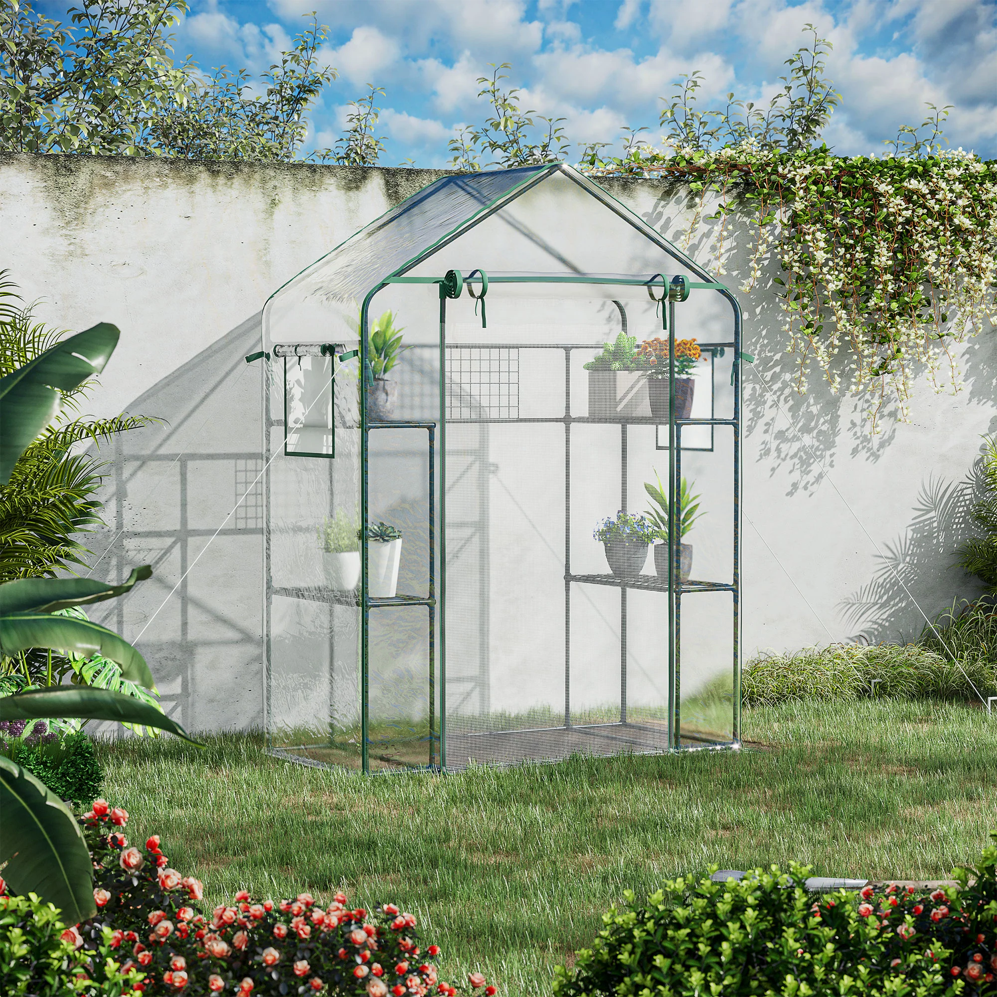56" x 29" x 78" Portable Small Greenhouse with Windows, Two 3-Tier Shelves and Trellis - Image 3