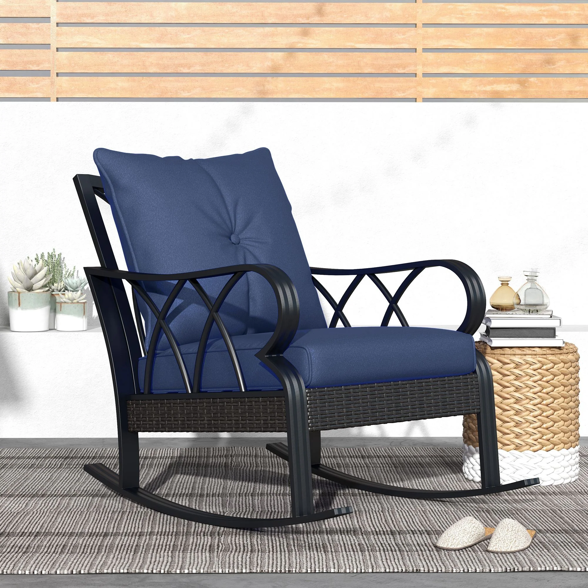 Patio Wicker Rocking Chairs with Removable Cushions, Outdoor Rattan Rockers, Navy Blue - Image 10