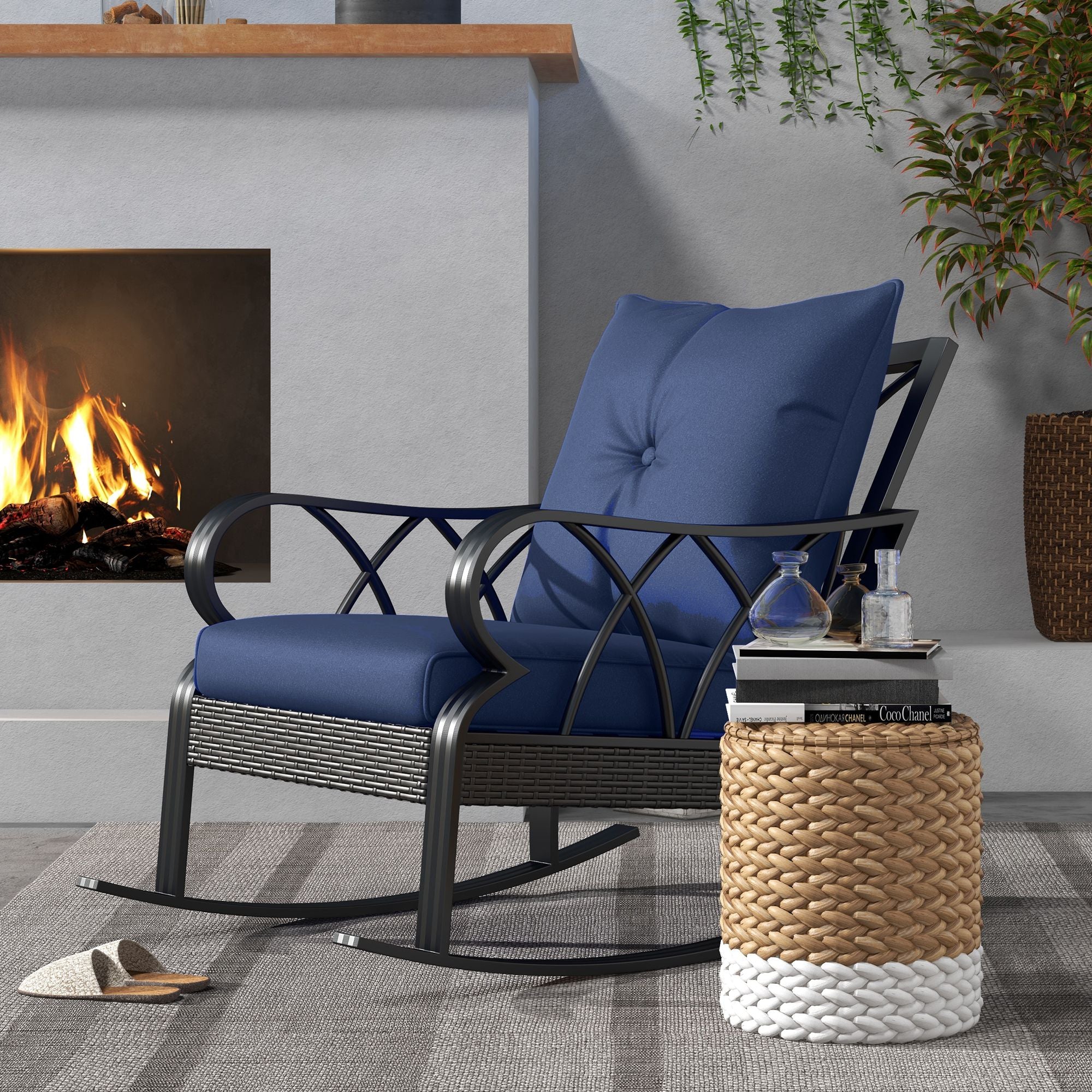 Patio Wicker Rocking Chairs with Removable Cushions, Outdoor Rattan Rockers, Navy Blue - Image 11