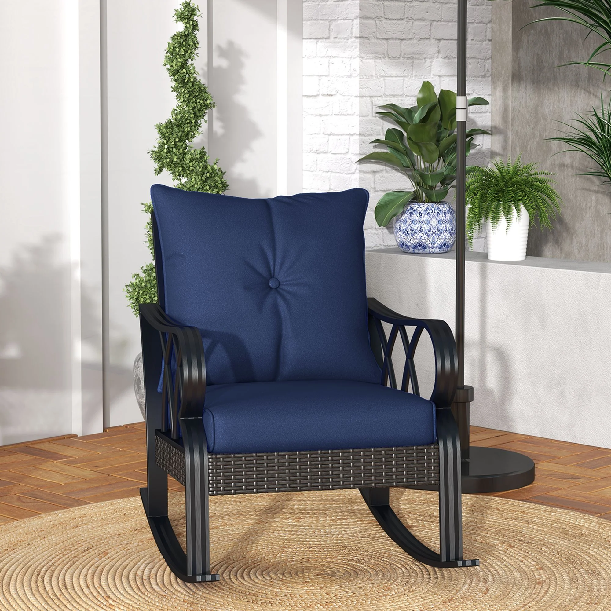 Patio Wicker Rocking Chairs with Removable Cushions, Outdoor Rattan Rockers, Navy Blue - Image 3