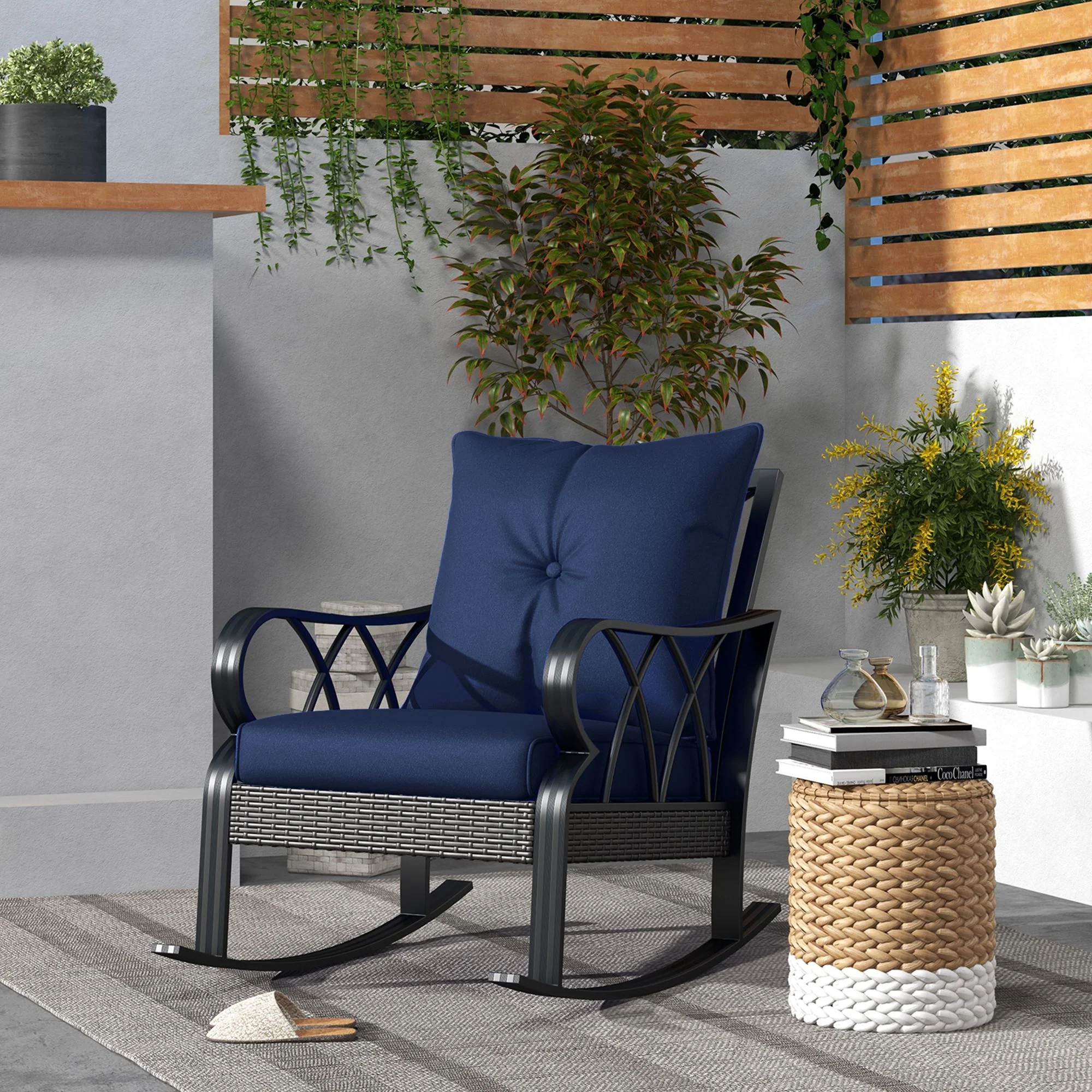 Patio Wicker Rocking Chairs with Removable Cushions, Outdoor Rattan Rockers, Navy Blue - Image 4