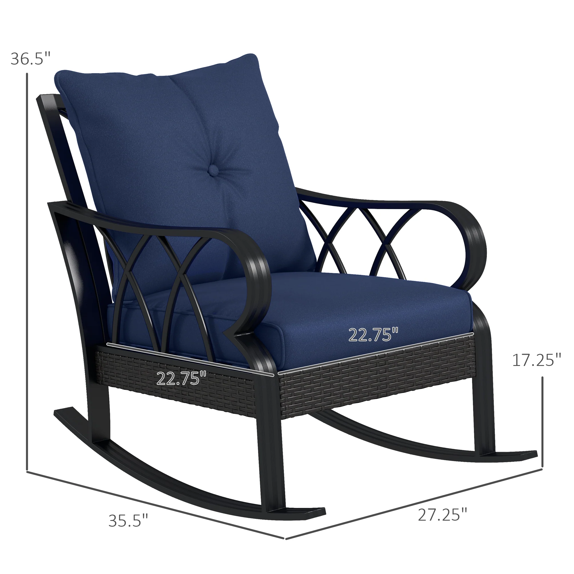 Patio Wicker Rocking Chairs with Removable Cushions, Outdoor Rattan Rockers, Navy Blue - Image 5