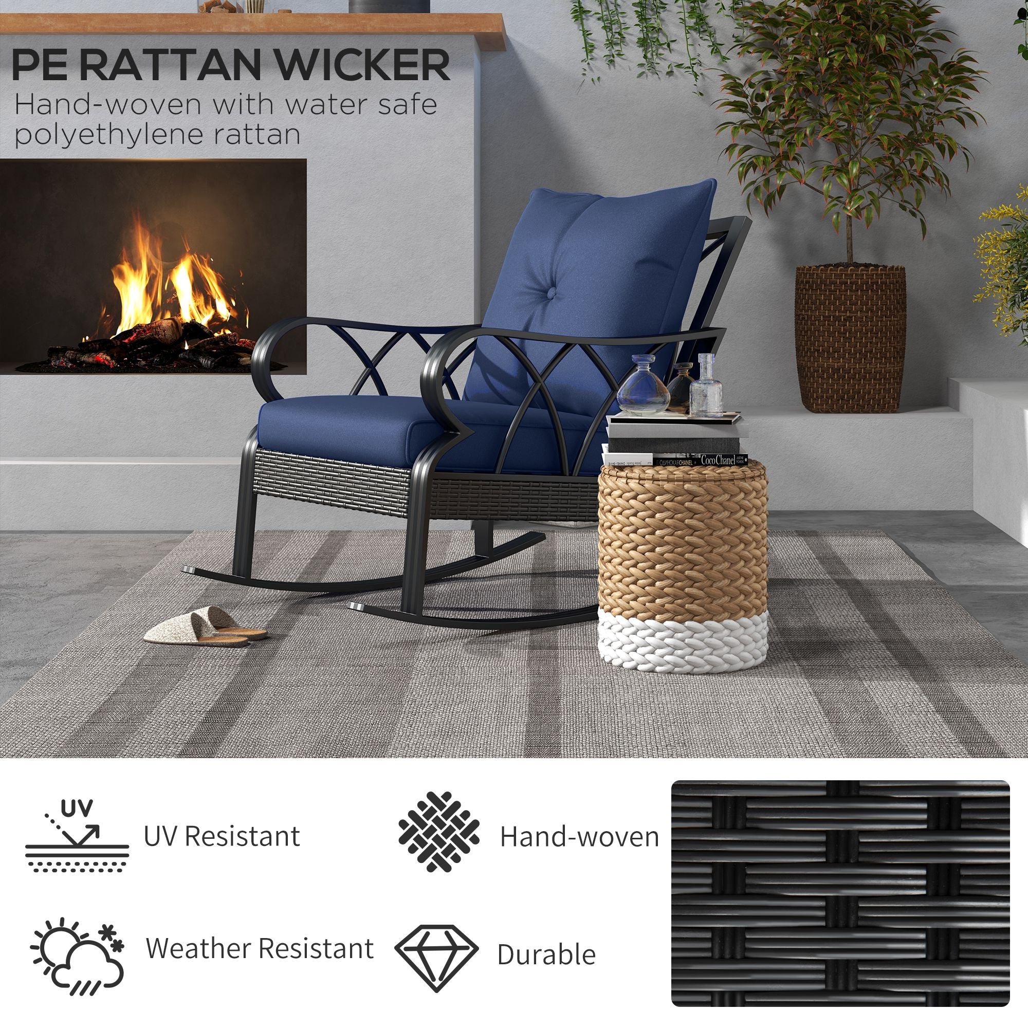 Patio Wicker Rocking Chairs with Removable Cushions, Outdoor Rattan Rockers, Navy Blue - Image 6