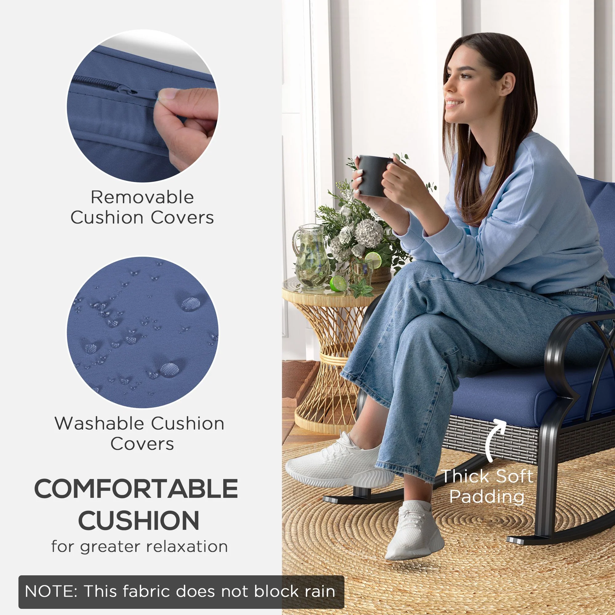 Patio Wicker Rocking Chairs with Removable Cushions, Outdoor Rattan Rockers, Navy Blue - Image 7