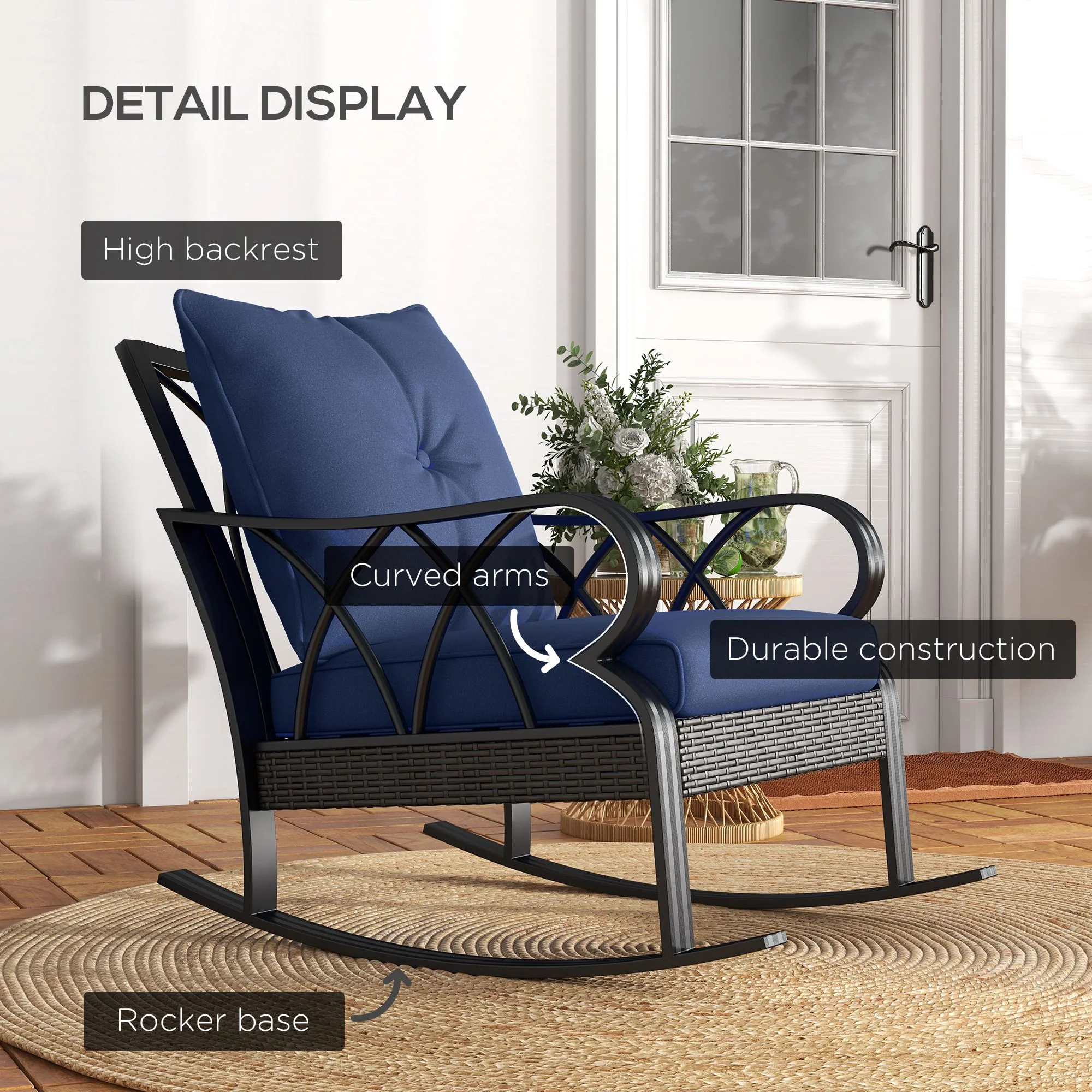Patio Wicker Rocking Chairs with Removable Cushions, Outdoor Rattan Rockers, Navy Blue - Image 8