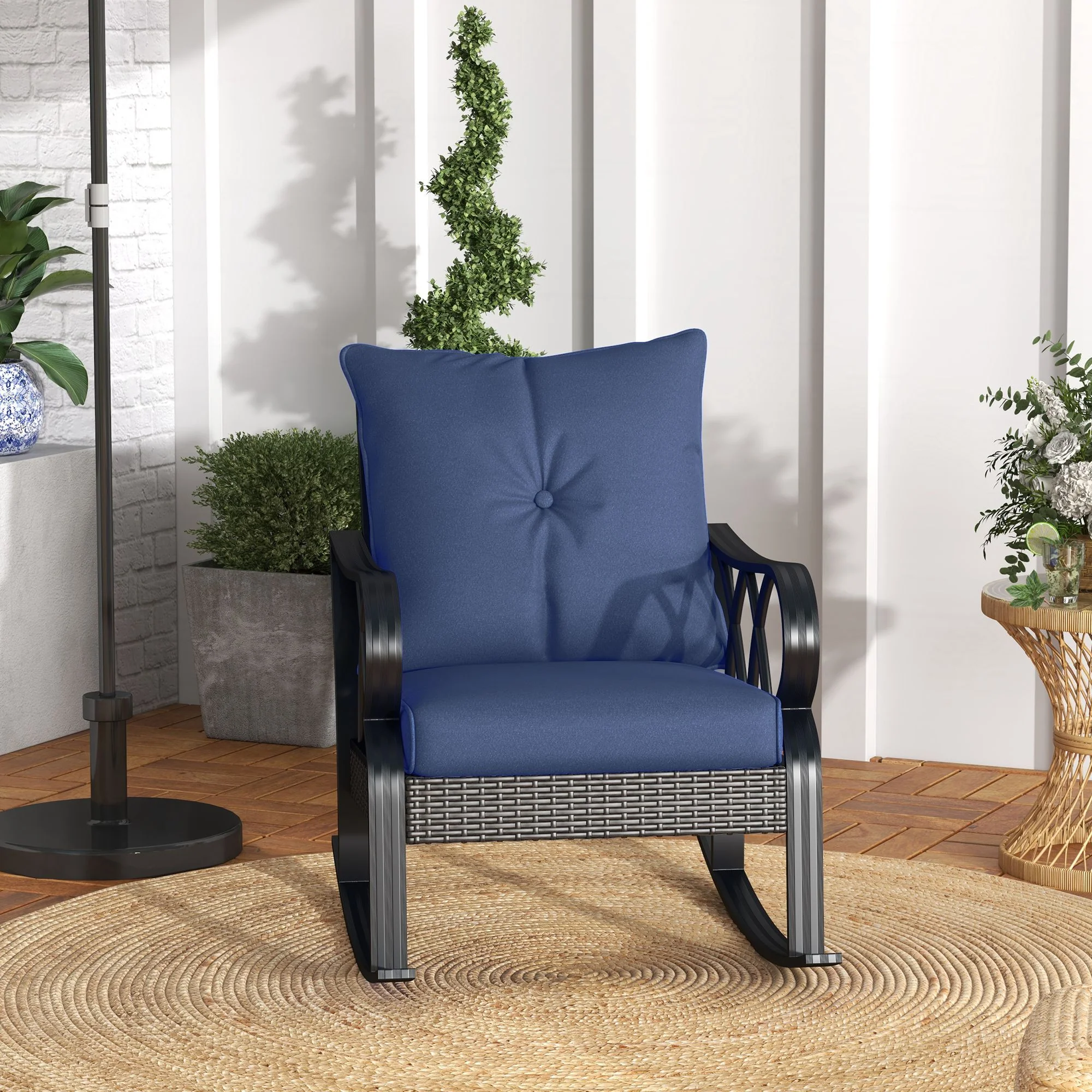 Patio Wicker Rocking Chairs with Removable Cushions, Outdoor Rattan Rockers, Navy Blue - Image 9
