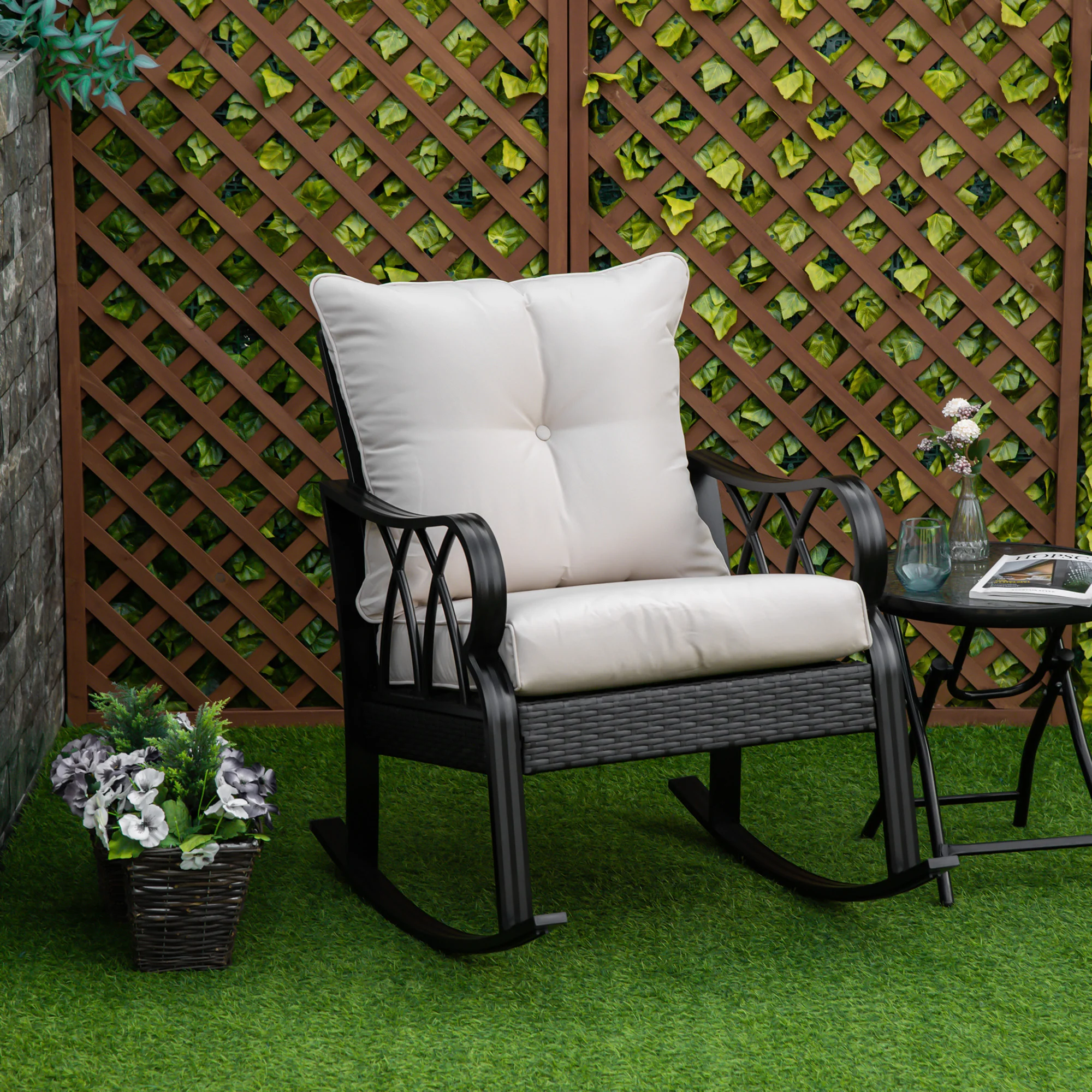 Patio Wicker Rocking Chairs with Removable Cushions, Outdoor Rattan Rockers, Khaki - Image 3