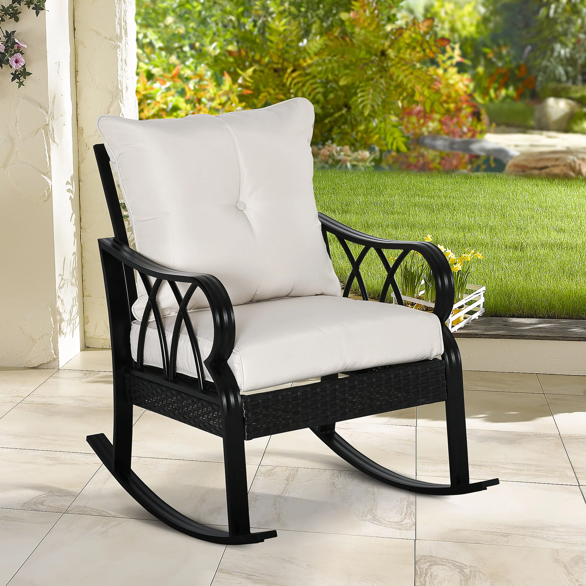 Patio Wicker Rocking Chairs with Removable Cushions, Outdoor Rattan Rockers, Khaki - Image 4